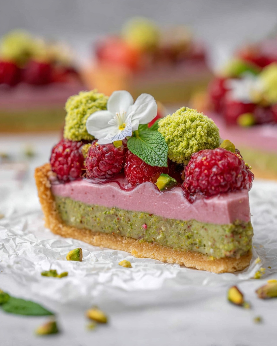 A close-up of a tart slice with three main layers shows a golden crust at the bottom, a green nutty layer in the middle, and a smooth pink cream layer on top. The top is decorated with fresh red raspberries, small green pistachio pieces, and bright green fluffy sponge cake pieces. A white edible flower and a green mint leaf add fresh accents on top. The slice sits on crumpled white paper over a white marbled surface, with blurred whole tarts and colorful fruit in the soft background. Photo taken with an iphone --ar 4:5 --v 7