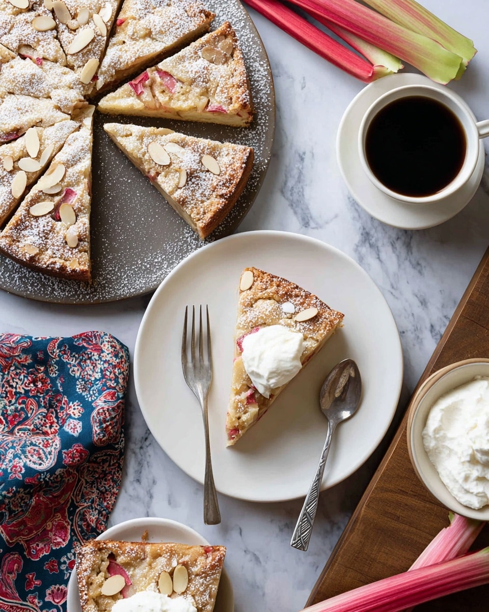 A round cake with a light golden crust and hints of pink rhubarb pieces baked inside is sliced into wedges and placed on a white marbled surface. One slice lies on a white plate, dusted with powdered sugar and topped with a dollop of white whipped cream and thin almond slices. Another slice rests plain on a second white plate with a silver fork beside it. Nearby, a white cup holds black coffee, and fresh pink and green rhubarb stalks sit on a wooden board. A white bowl filled with whipped cream and a silver spoon completes the scene with a colorful patterned cloth adding a touch of blue, red, and white on the bottom left. Photo taken with an iphone --ar 4:5 --v 7
