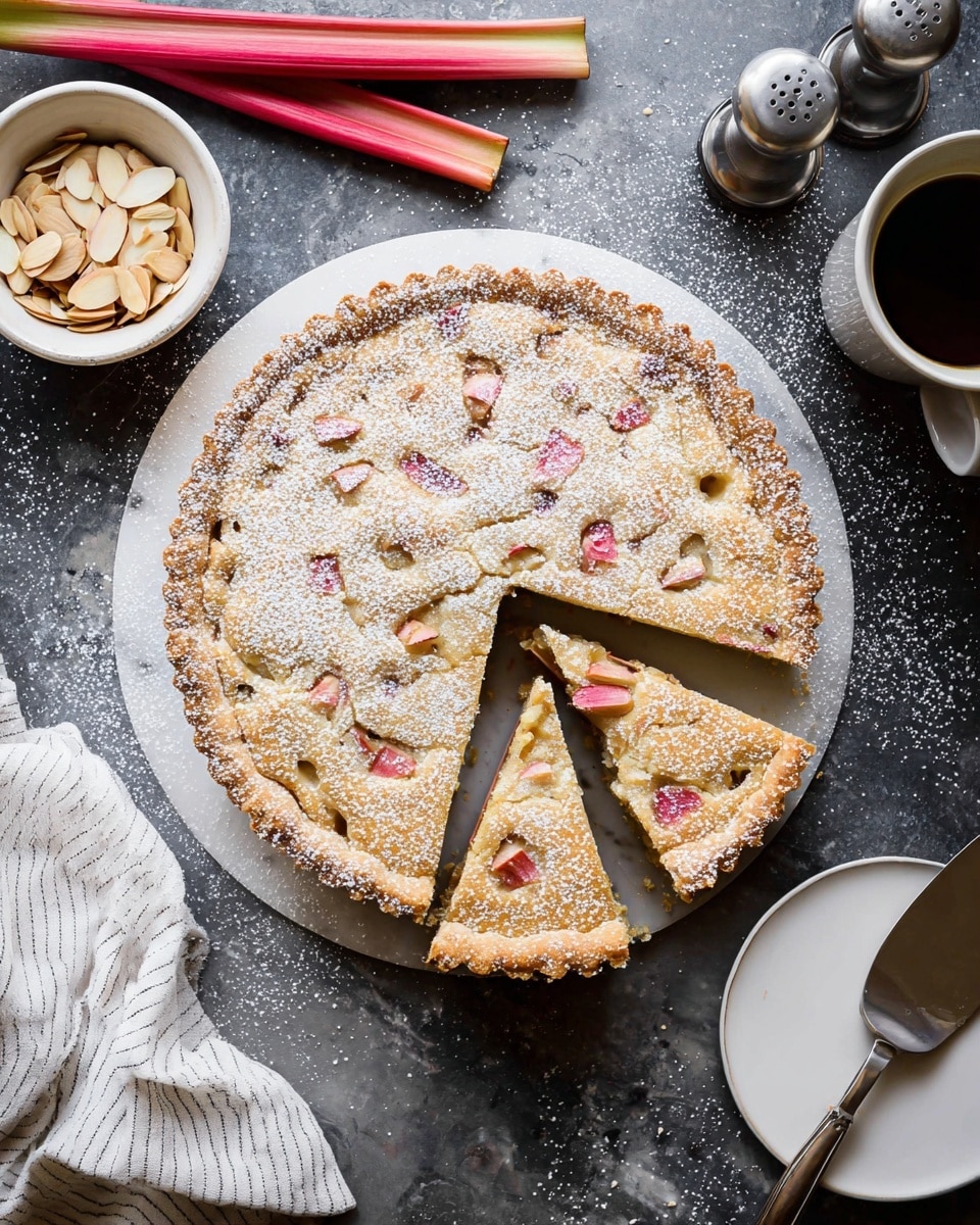 A round pie with a light golden crust is placed on a dark surface with a white marbled texture, dusted evenly with powdered sugar. The pie has one large slice and a smaller slice cut out, showing a soft inside dotted with pieces of pink-red fruit. Two long rhubarb stalks rest diagonally to the upper left of the pie. Around the pie, there is a white bowl with sliced almonds on the left, a small metal shaker near the top right, and a white cup of dark coffee to the right. In the lower right corner is a white plate with a metal pie server resting on it. A white and gray striped cloth is folded near the bottom left side of the pie. Photo taken with an iphone --ar 4:5 --v 7