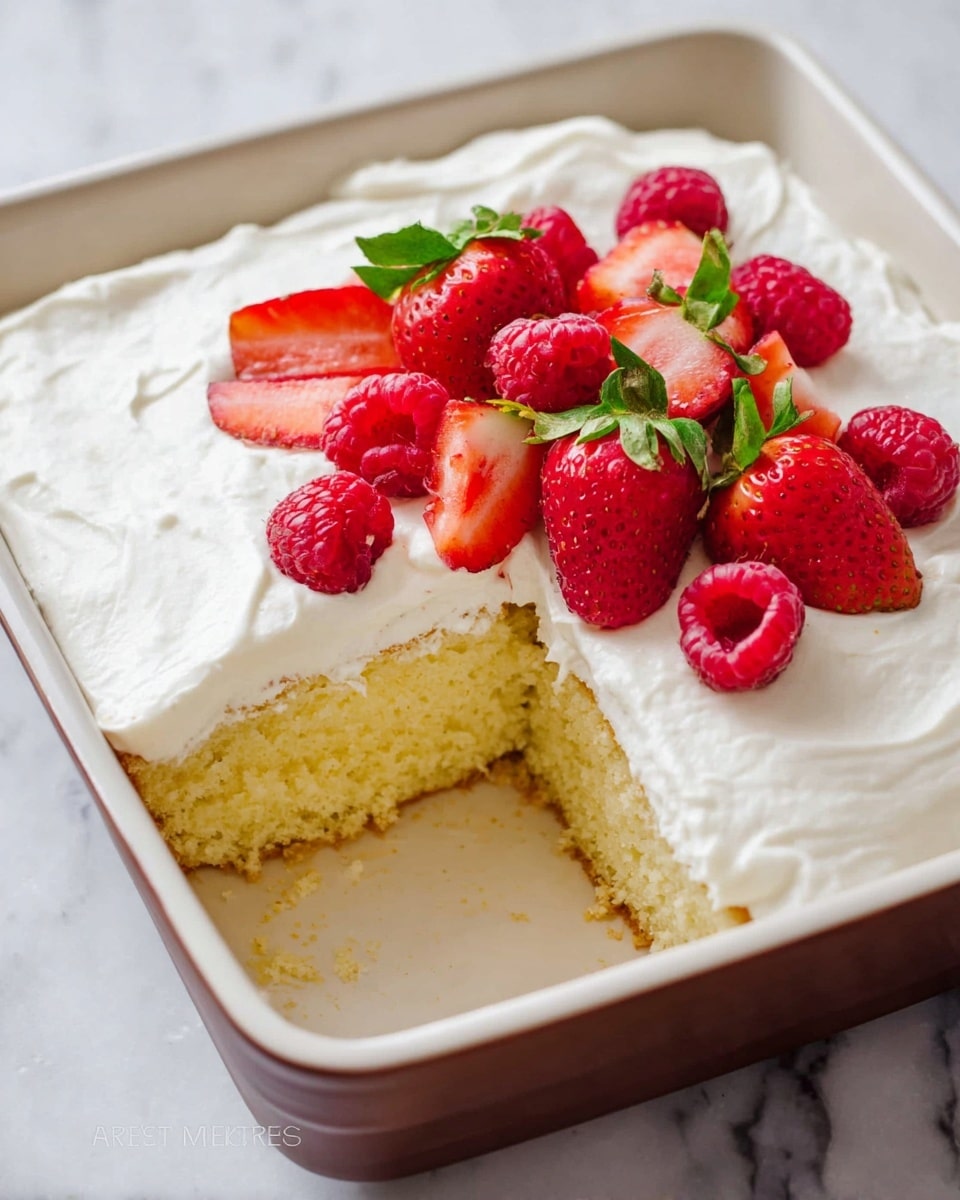 A square white dish holds a single-layer yellow sponge cake with a thick, smooth layer of white frosting on top. The frosting has a soft, creamy texture and covers the entire top surface. On top of the frosting, fresh red raspberries and halved strawberries with green leaves are arranged around the edges, adding bright color contrast. The cake has one big slice removed, showing the light, airy texture of the yellow cake underneath the white frosting. The dish sits on a white marbled surface. Photo taken with an iphone --ar 4:5 --v 7