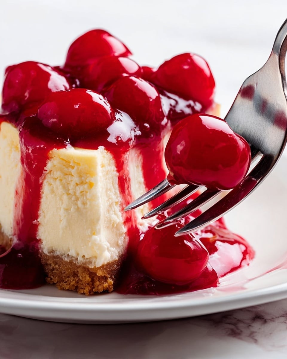 A slice of creamy cheesecake with a smooth, pale yellow texture is topped with shiny, bright red cherries and thick cherry sauce that drips down the sides. A silver metal fork is pressing into the side of the cake, lifting a piece with a full cherry on it. The cheesecake is placed on a white plate set on a white marbled surface. The photo taken with an iphone --ar 4:5 --v 7