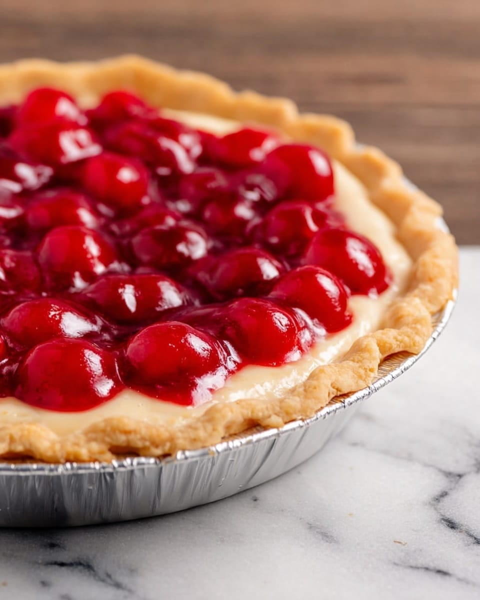 A close-up view of a cherry pie in a silver foil pie tin sitting on a white marbled surface. The pie has three visible layers: the outer crust is golden brown with a soft texture and raised edge, inside it is a creamy beige filling that looks smooth and thick, and on top, there is a thick layer of bright red cherries covered in a shiny, slightly translucent glaze that makes them look juicy and fresh. Photo taken with an iphone --ar 4:5 --v 7