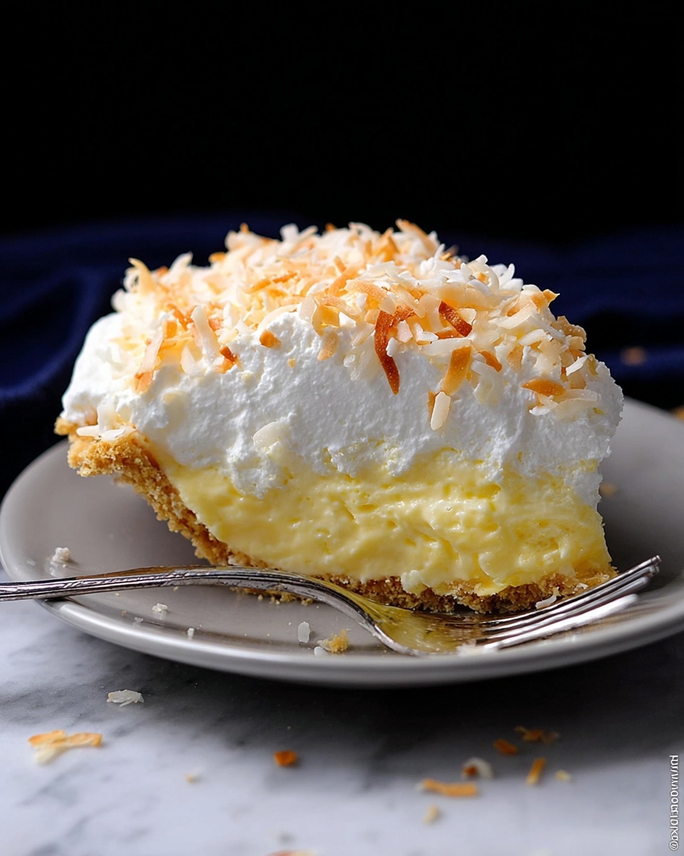 A slice of pie with three distinct layers sits on a white plate, placed on a white marbled surface. The bottom layer is a thick, smooth pale yellow custard, topped by a large, fluffy white cream layer in the middle. The top layer is sprinkled with toasted coconut flakes, some light brown and some white, adding texture and color contrast. A silver fork lies beside the slice on the plate. The background is dark, making the pie the main focus. Photo taken with an iphone --ar 4:5 --v 7