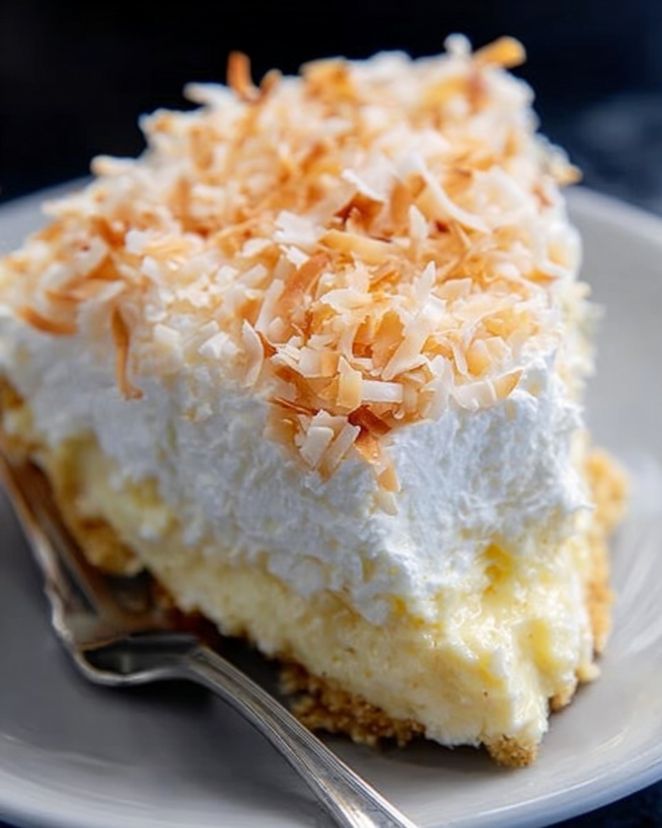 A close-up view of a slice of layered coconut cream pie on a white plate. The bottom layer is a golden, crumbly crust, topped by a thick, pale yellow custard filling. Above the custard is a thick, fluffy white whipped cream layer. The top is generously covered with toasted coconut flakes, light brown and white in color, giving a textured, crunchy look. A silver fork rests next to the pie on the plate, all placed on a white marbled surface. Photo taken with an iphone --ar 4:5 --v 7