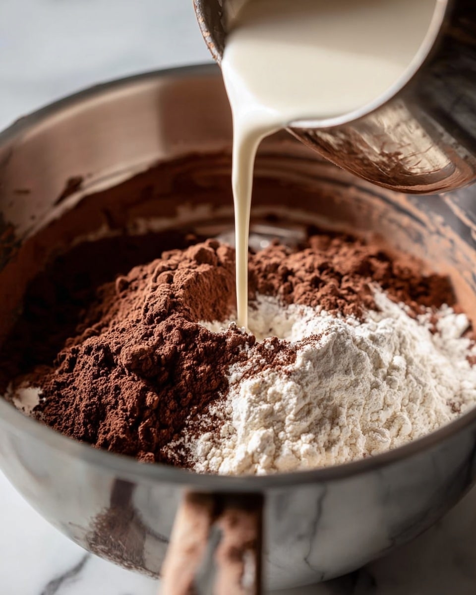 A close-up image showing a silver mixing bowl filled with dry ingredients, including piles of dark brown and lighter brown cocoa powder and white flour. A thick, creamy white liquid is being poured from a small silver pitcher into the center of the bowl, creating a gentle stream. The inside of the bowl has some cocoa smudges along the edges, and the bowl rests on a white marbled surface. The scene has a soft focus on the pouring action with natural light highlighting the textures and colors photo taken with an iphone --ar 4:5 --v 7