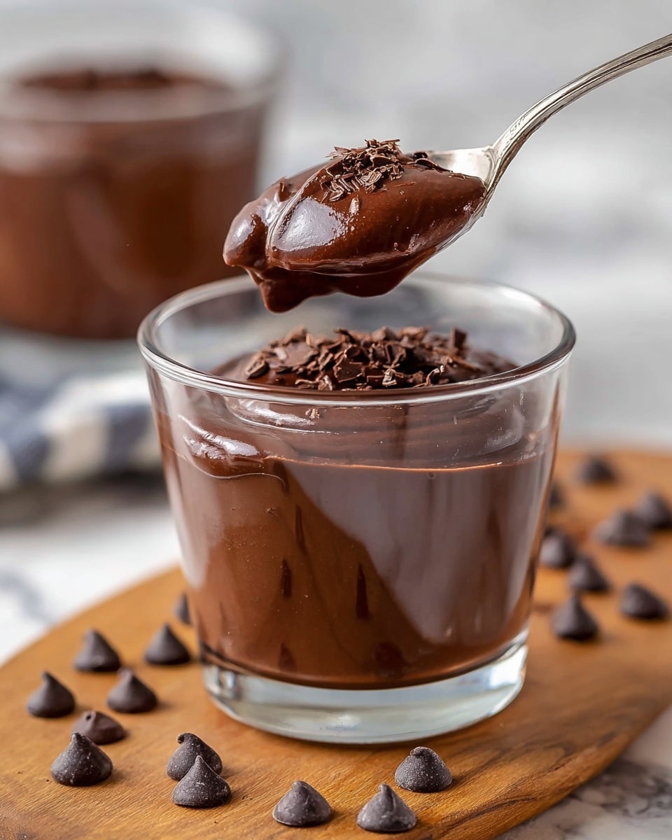 A clear glass cup filled almost to the top with a rich, smooth dark chocolate pudding that has a glossy texture, slightly thick and creamy. On the surface, small chocolate shavings add texture. A silver spoon lifts a large spoonful of this dark chocolate pudding, showing its thick and shiny consistency. The glass sits on a wooden board scattered with dark chocolate chips. In the background, there is a blurred second glass cup with the same pudding. The scene is set on a white marbled surface. photo taken with an iphone --ar 4:5 --v 7