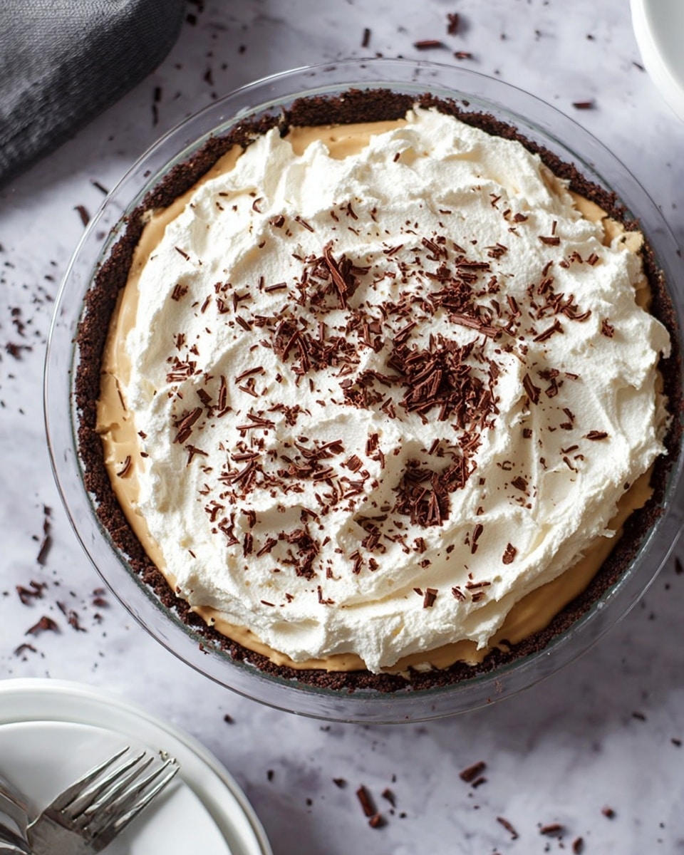 A pie with three visible layers is shown from above. The bottom layer is a dark, crumbly crust pressed along the edges of a clear glass pie dish. Above it is a light coffee-brown creamy layer with smooth texture, slightly thicker than the crust. The top layer is a thick, fluffy white cream spread unevenly, covering almost the entire surface. Dark chocolate shavings are sprinkled lightly over the white cream, adding contrast. The pie dish is placed on a white marbled surface with some scattered dark crumbs around, as well as part of a white plate and fork at the bottom edge. Photo taken with an iphone --ar 4:5 --v 7