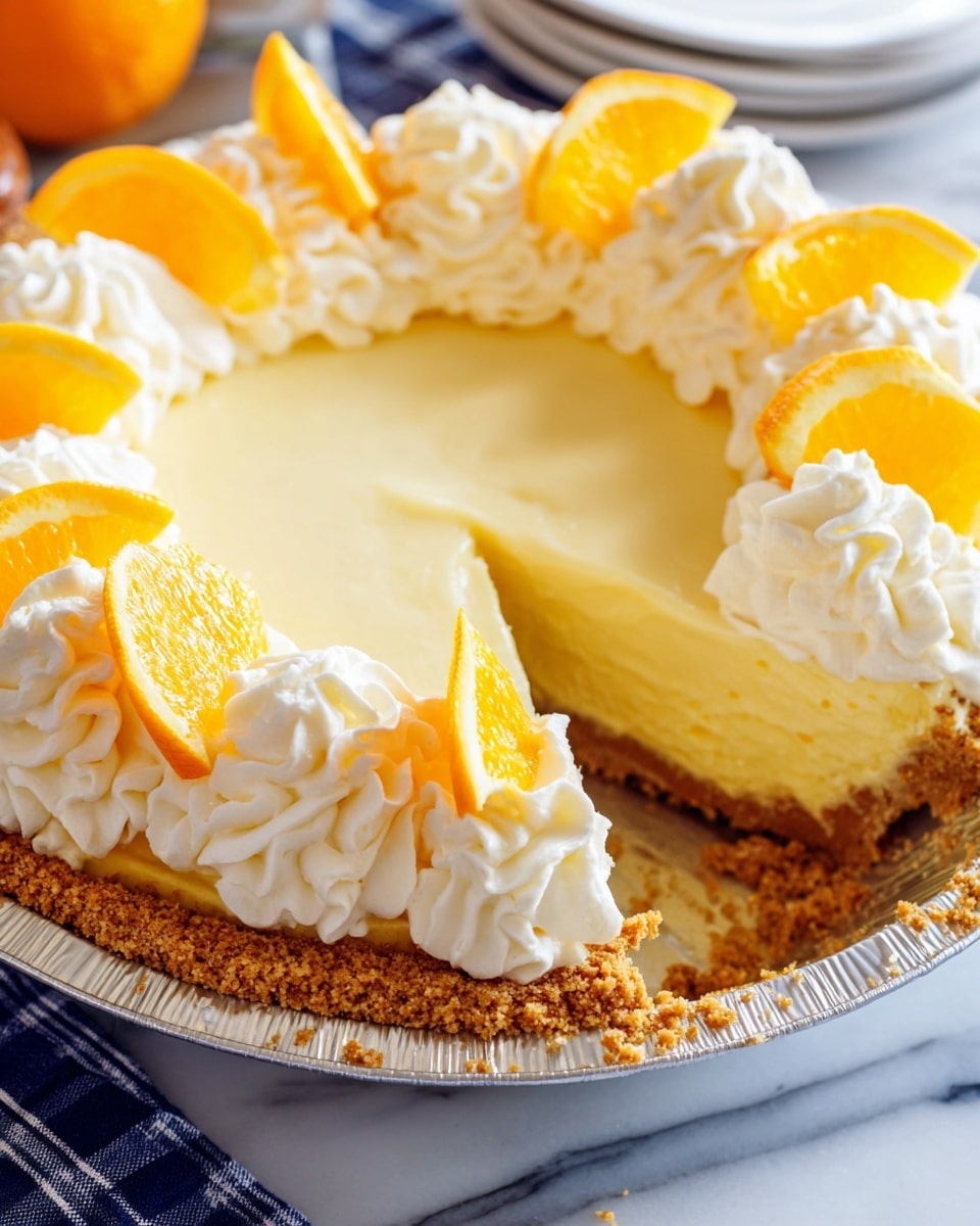 The image shows a creamy, pale yellow pie with three main layers: a crumbly light brown crust on the bottom, a thick smooth yellow filling in the middle, and a ring of white whipped cream swirls on top, each swirl carefully placed around the edges. Between the whipped cream swirls are bright orange slices, adding a fresh pop of color. One slice of the pie is missing, revealing the soft texture of the filling and some crumbs from the crust. The pie is in a shiny silver pie pan, sitting on a white marbled surface with part of a white plate and blue checkered cloth visible near the bottom edge. Photo taken with an iphone --ar 4:5 --v 7