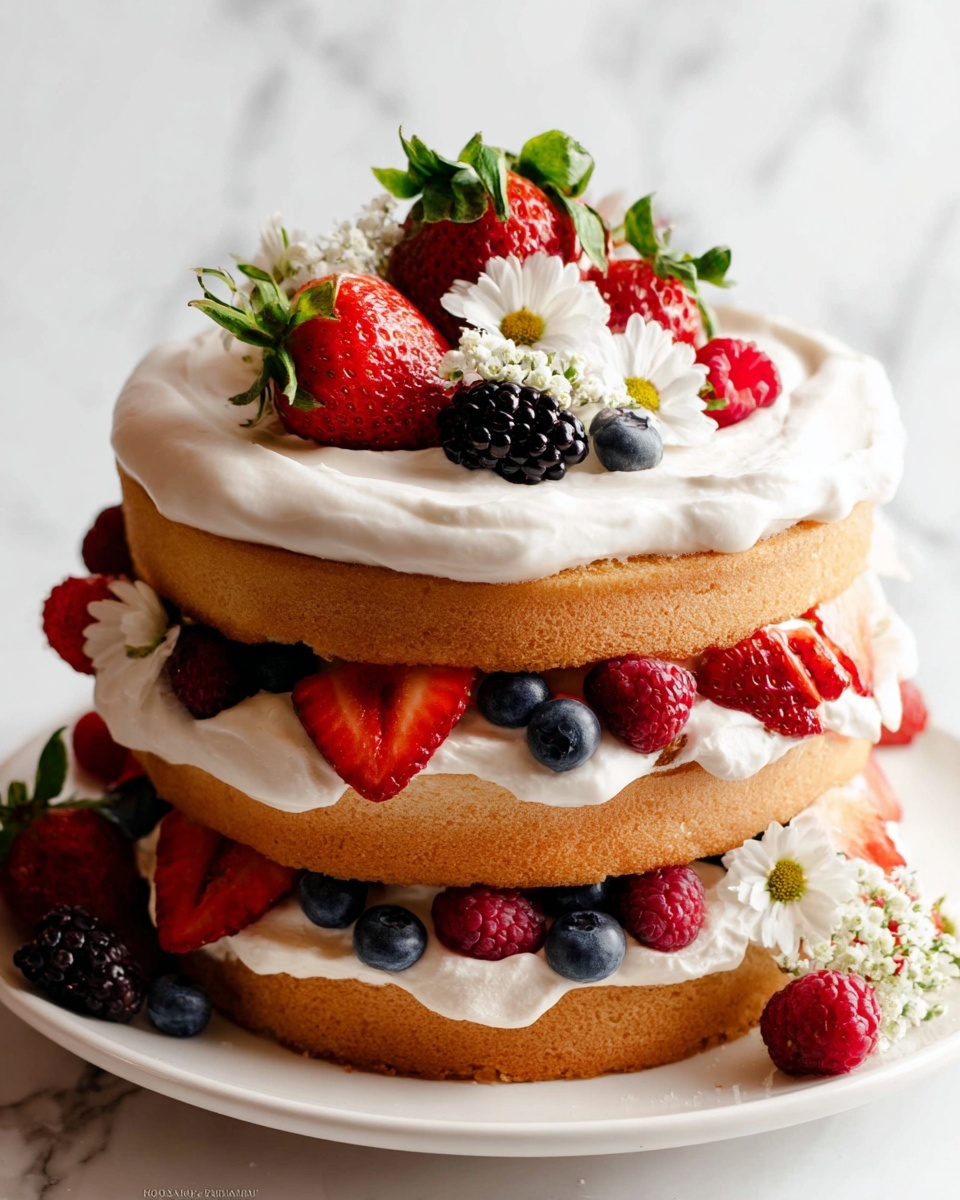 The image shows a three-layer cake with light brown sponge layers separated by thick, fluffy white cream. The cream layers are filled with whole blueberries, raspberries, and sliced strawberries, giving pops of dark blue, red, and pink colors. The top layer is covered in a smooth, thick white cream with whole strawberries, blueberries, and a blackberry arranged on top. Small white flowers are placed on the top of the cake and around its base. The cake sits on a white plate, and the background has a white marbled texture. photo taken with an iphone --ar 4:5 --v 7