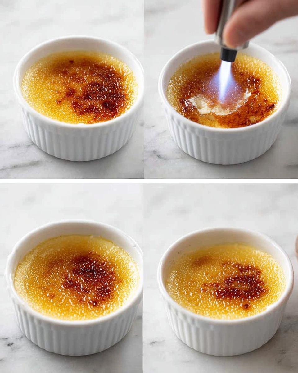 A small white ceramic ramekin is shown four times in a sequence on a white marbled surface. The ramekin contains a creamy pale yellow custard base as the bottom layer, topped with a layer of white sugar spread evenly on the surface. A woman's hand is seen caramelizing the sugar using a small torch, gradually turning the sugar layer golden brown and finally forming a crisp, dark amber caramelized crust on top. The caramelized top has a slightly glossy and uneven texture, contrasting with the smooth custard beneath. photo taken with an iphone --ar 4:5 --v 7