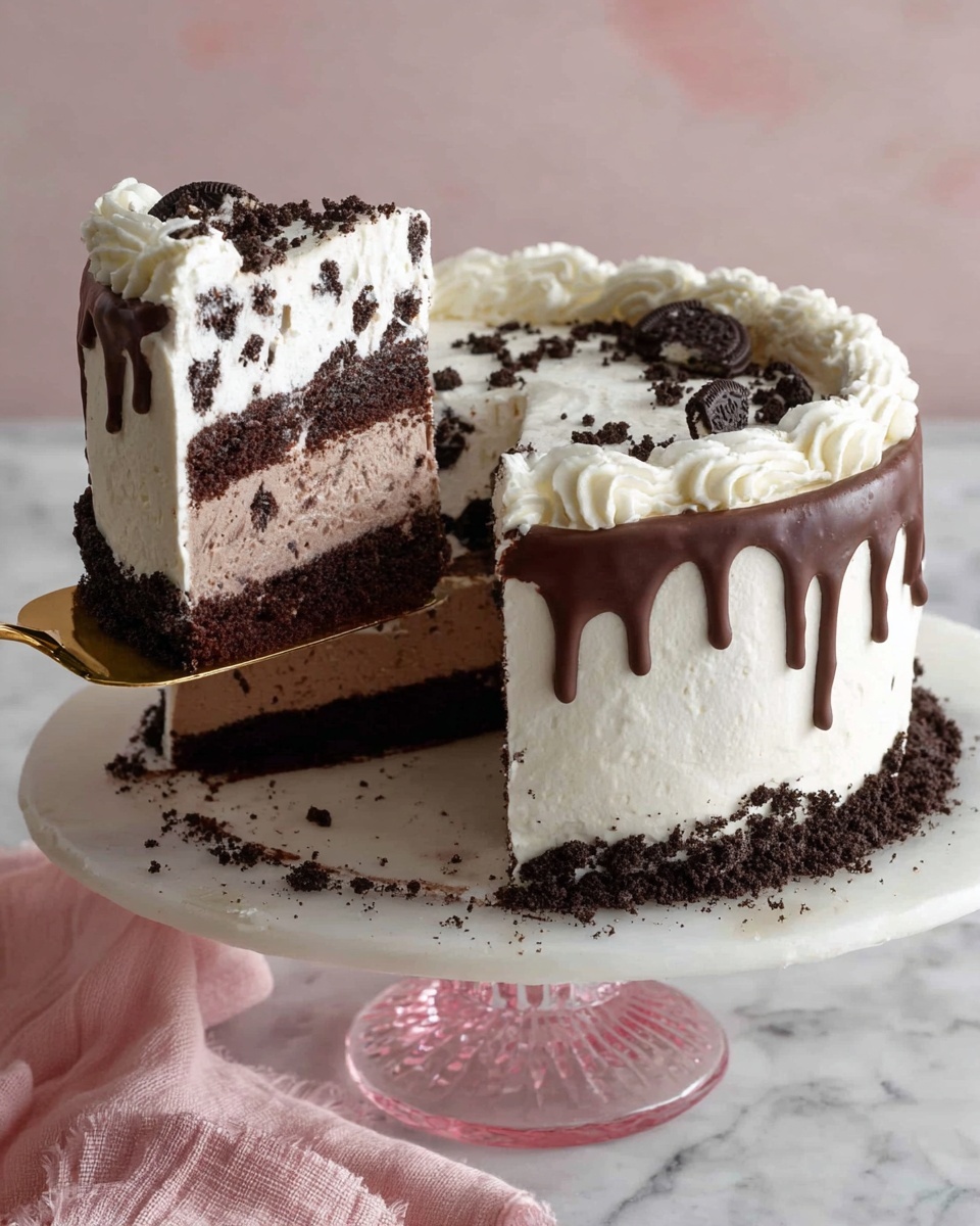 A round cake with three layers is shown on a white marbled surface. The bottom layer is dark chocolate cake, the middle layer is a lighter brown cream, and the top layer is white cream with small black cookie pieces mixed in. The outside of the cake is covered in smooth white cream, with dark chocolate dripping down from the top edge and a piped white cream border around the top. There are crushed cookie crumbs around the bottom edge of the cake. A slice is being lifted by a golden cake server, showing the inside layers clearly. The whole cake sits on a pink glass cake stand, and a pink cloth is partially visible in the front-left corner. Photo taken with an iphone --ar 4:5 --v 7