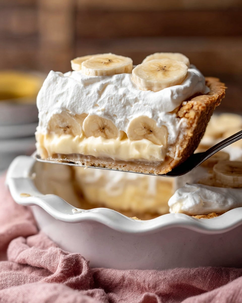 A close-up side view of a slice of banana cream pie being lifted from a white pie dish with scalloped edges. The pie has four visible layers: a flaky light brown crust at the bottom, a layer of sliced bananas, a thick light yellow creamy filling, and a fluffy white whipped cream topping. Round banana slices are placed on top of the whipped cream evenly. The dish sits on a soft pink cloth with a blurred wooden background behind it. Photo taken with an iphone --ar 4:5 --v 7