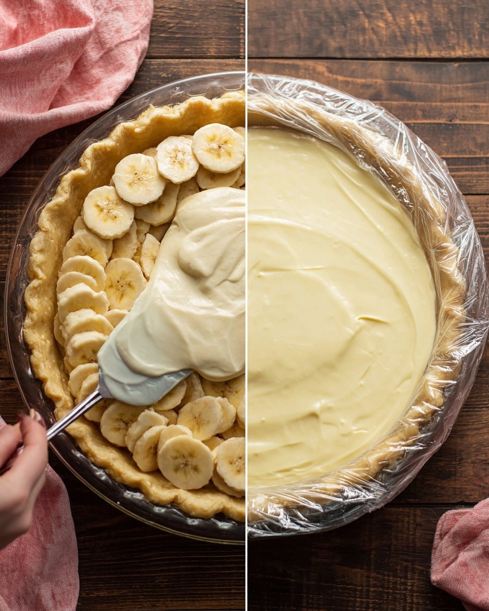 The image shows two stages of making a banana cream pie in a clear glass pie dish with a golden brown crust that has a slightly crimped edge. On the left side, the bottom layer is banana slices arranged in a single layer, pale yellow with some brown spots, and on top is a thick, creamy light yellow custard being spread with a small metal spatula held by a woman's hand. On the right side, the pie is fully filled with the smooth light yellow custard, covered tightly with clear plastic wrap over the pie dish, set on a dark wooden surface with a folded pink cloth in the background. The overall look feels warm and homemade. photo taken with an iphone --ar 4:5 --v 7