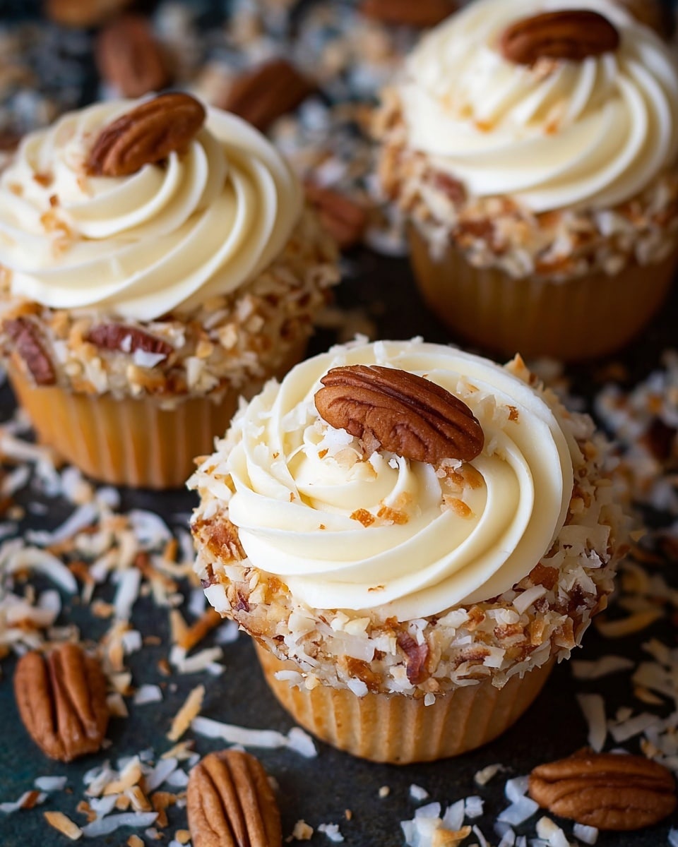 The image shows three cupcakes with light brown cake bases topped with a thick swirl of creamy white frosting. Around the edge of each cupcake, there is a ring of chopped nuts and toasted coconut flakes. Each frosting swirl has a single whole pecan placed in the center. The cupcakes are placed close together on a dark surface that is scattered with more chopped nuts and toasted coconut pieces. The background has a slightly blurred effect, focusing attention on the detailed texture of the cupcakes photo taken with an iphone --ar 4:5 --v 7