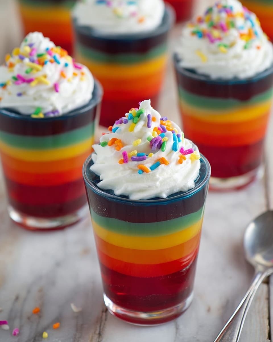 The image shows multiple clear cups filled with a colorful layered jelly dessert on a white marbled surface. Each cup has five distinct jelly layers stacked vertically: a bright red bottom layer, followed by an orange layer, then a yellow layer, a green layer, and finally a dark blue top layer. On top of the blue layer, there is a generous swirl of white whipped cream, decorated with small, multicolored sprinkles in orange, green, pink, purple, yellow, and blue. A silver spoon is placed near the front right side of the frame. Photo taken with an iphone --ar 4:5 --v 7