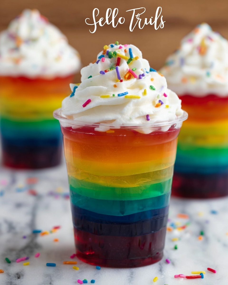 The image shows a clear cup with six colorful layers of jelly stacked from bottom to top in red, orange, yellow, green, blue, and dark purple colors. On top of the jelly sits a large swirl of white whipped cream, decorated with small multi-colored sprinkles. The cup is set on a white marbled surface with a few scattered rainbow sprinkles nearby, and blurred cups with the same treat are in the background. The photo taken with an iphone --ar 4:5 --v 7