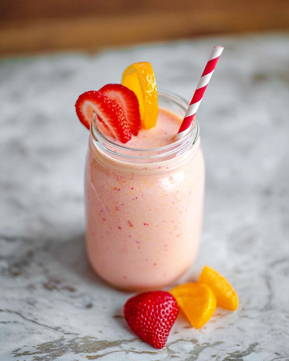 A clear glass jar filled with a creamy pink smoothie that has small red and orange specks visible in its texture. On top of the smoothie are two fruit slices: one red strawberry slice on the left and one bright orange slice on the right, both standing vertically on the rim. A red and white striped paper straw is inserted on the right side of the jar. In the foreground on a white marbled surface, there are three pieces of fruit scattered: one red strawberry half in the center and two small bright orange segments on either side. The photo taken with an iphone --ar 4:5 --v 7