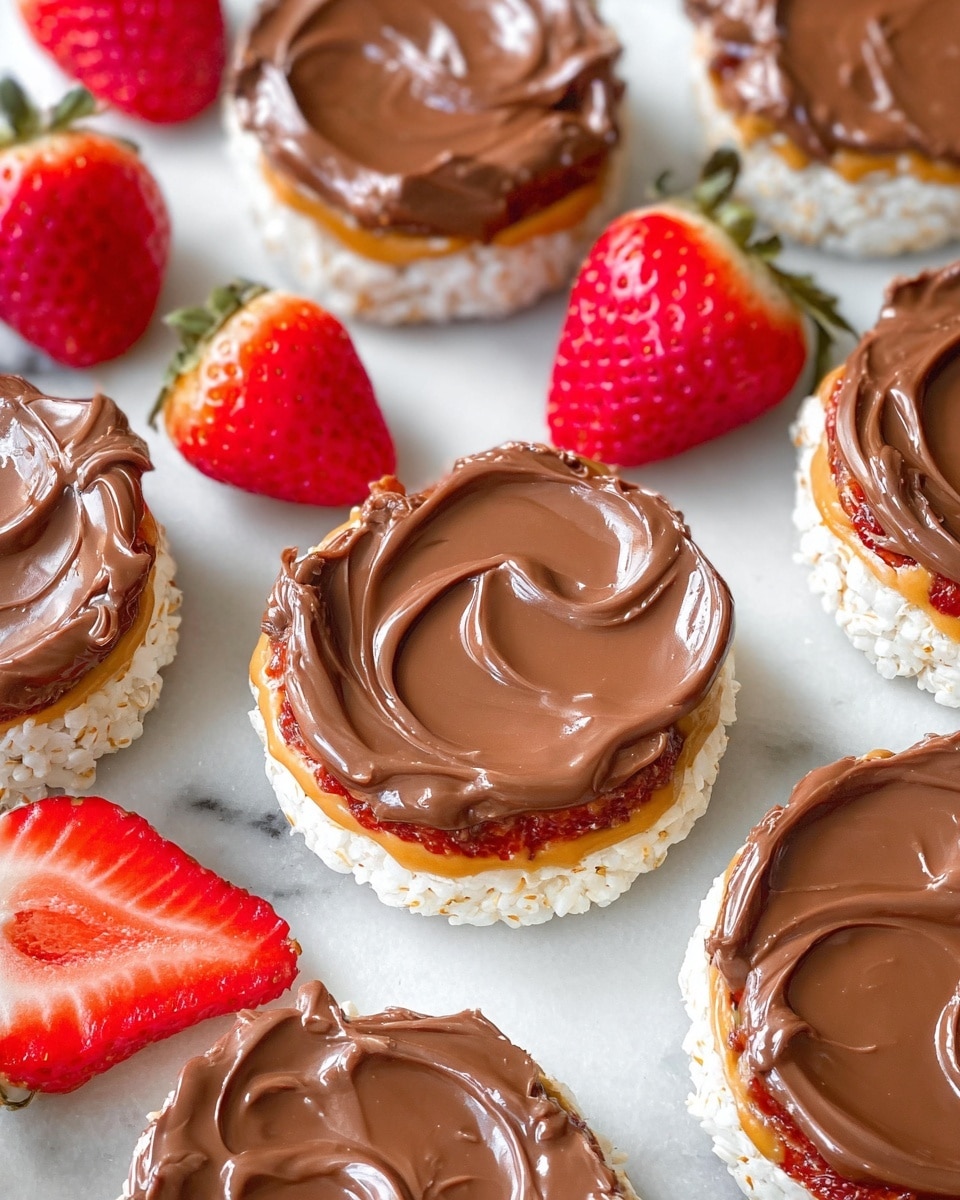 The image shows several round rice cakes placed on a white marbled surface. Each rice cake has three layers: the bottom layer is the white crunchy rice cake, the middle layer is a smooth spread of orange peanut butter, and the top layer is a thick, shiny milk chocolate spread swirled unevenly across the surface. Around the rice cakes, there are fresh, bright red strawberries with green leaves arranged randomly, adding a pop of color to the scene. The lighting highlights the glossy texture of the chocolate and the softness of the peanut butter, creating a tasty and inviting look. Photo taken with an iphone --ar 4:5 --v 7