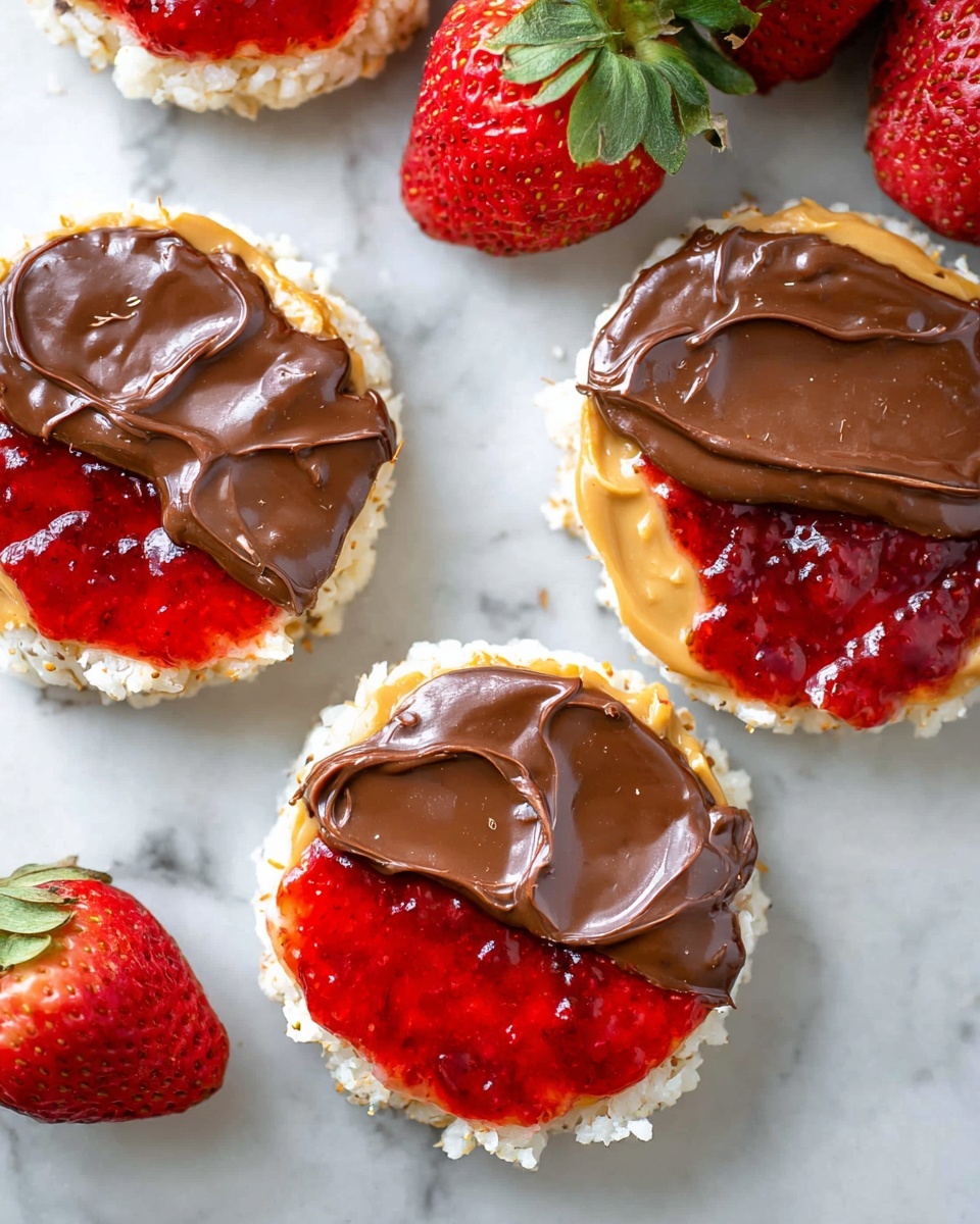 There are three round rice cakes placed on a white marbled surface, each topped with three layers. The bottom layer is a spread of bright red strawberry jam that reaches the edges of the rice cakes. The middle layer is a smooth, light brown peanut butter spread evenly over the jam. The top layer is a thick, shiny dark brown chocolate spread with a slightly uneven texture. Around the rice cakes are several whole fresh strawberries with green leaves. The overall scene is bright and colorful, showing a simple, tasty snack. photo taken with an iphone --ar 4:5 --v 7