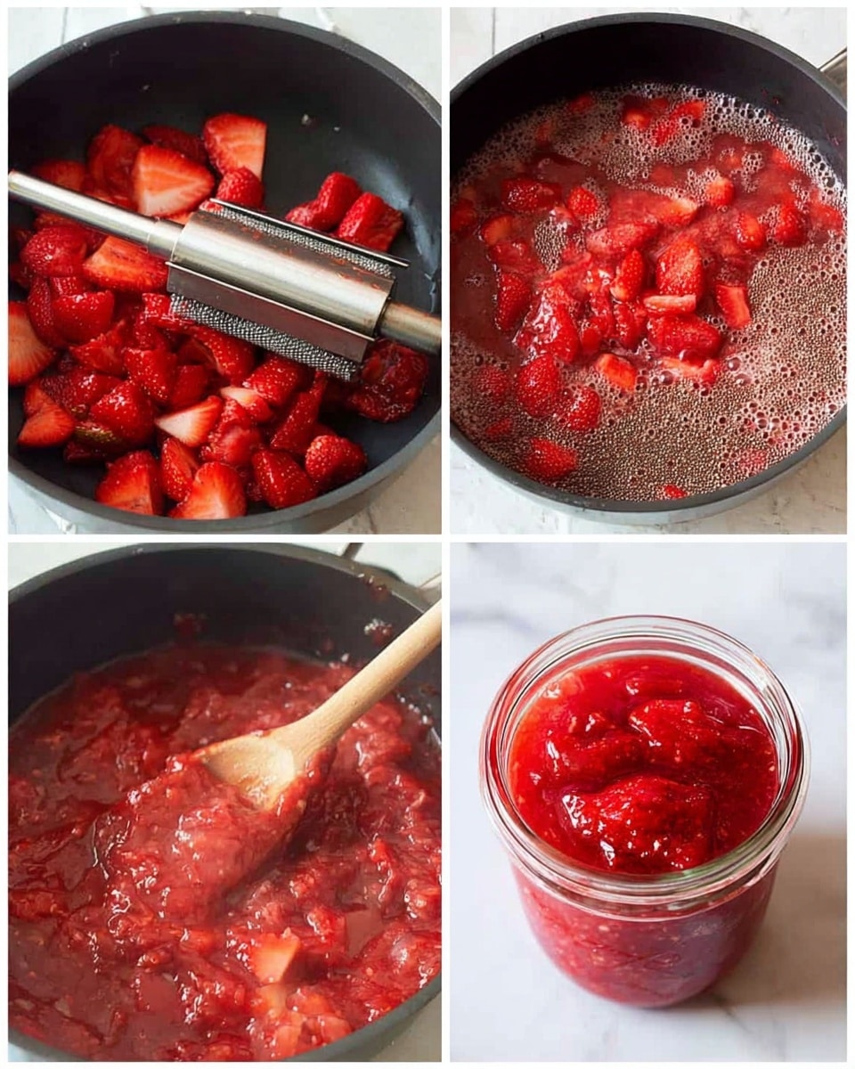 The image shows a step-by-step process of making strawberry jam. The first photo shows chopped fresh strawberries in a black pan with a metal masher pressing down on the fruit. The second photo shows the strawberries cooking and breaking down into a bright red mush with bubbles forming. The third photo shows chia seeds added on top of the simmering strawberry mixture. The fourth photo shows the jam mixture thickening with a wooden spoon stirring it in the pan. The last photo is a close-up of the finished jam with a rich red color and small visible chunks in a clear glass jar, placed on a white marbled surface. Photo taken with an iphone --ar 4:5 --v 7
