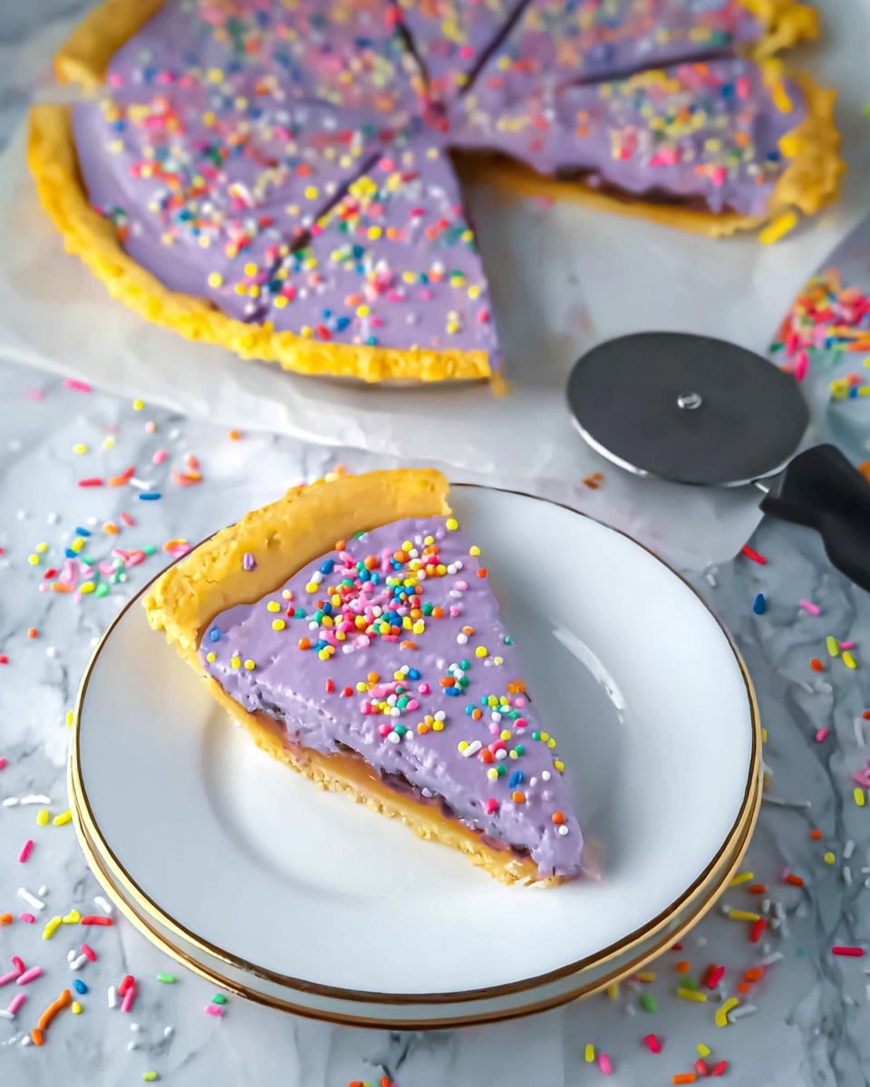 A slice of pie sits on a white plate with gold trim, showing three visible layers: a golden, flaky crust at the bottom, a darker middle filling layer, and a smooth purple icing on top. The icing is decorated with colorful sprinkles scattered evenly across. In the background there is the rest of the pie on white parchment paper, also iced purple with sprinkles, sliced into six pieces with one piece missing. A black-handled pizza cutter lies nearby. The surface is a white marbled texture scattered with extra sprinkles. Photo taken with an iphone --ar 4:5 --v 7