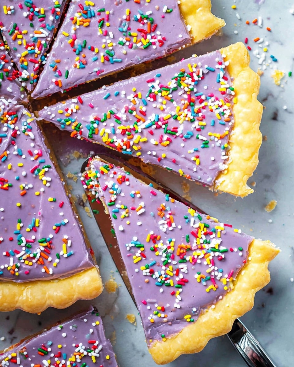A close-up view of a pie sliced into pieces on a white marbled surface, showing a golden crust with a slightly crimped edge surrounding a layer of smooth purple icing. The icing covers the top completely and is sprinkled with colorful small round sprinkles in red, yellow, green, white, orange, pink, and blue. A shiny metal pie server is positioned under one slice, lifting it slightly, highlighting the flaky texture of the crust beneath the icing. The inside of the pie is not fully visible but shows a bit of filling near the crust edges. The whole setup is bright and colorful, with some crumbs and sprinkles scattered around. photo taken with an iphone --ar 4:5 --v 7
