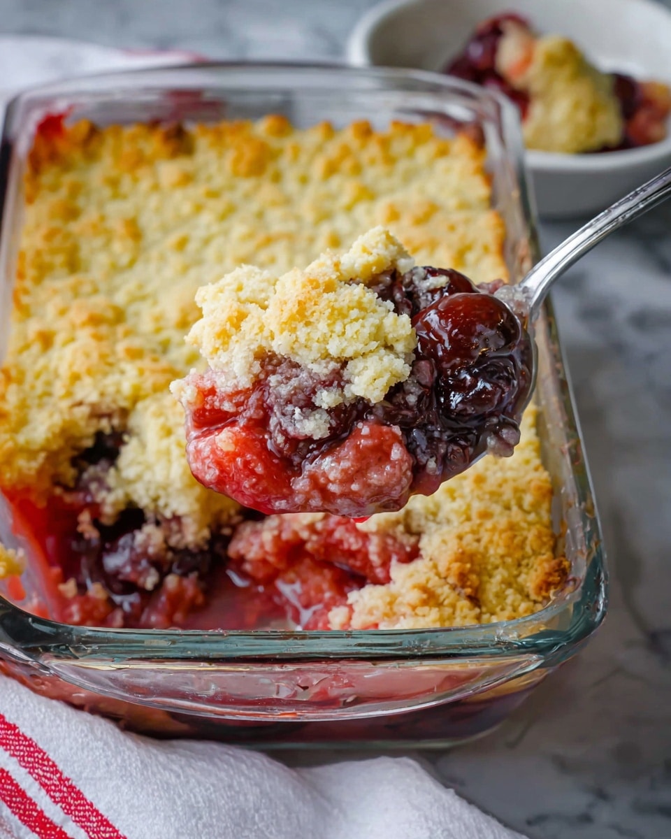 A glass rectangular dish holds a fruit cobbler with a golden yellow crumbly top layer that looks soft and slightly crunchy. Underneath, there is a thick, juicy layer of cooked dark red and purple cherries with a syrupy texture, visible in the scooped-out section. A silver spoon is lifting a scoop of the cobbler, showing the mix of the bright red cherry filling and the crumbly yellow top. A small white bowl with a piece of the cobbler sits nearby, on a white marbled surface with a white cloth that has thin red stripes. Photo taken with an iphone --ar 4:5 --v 7