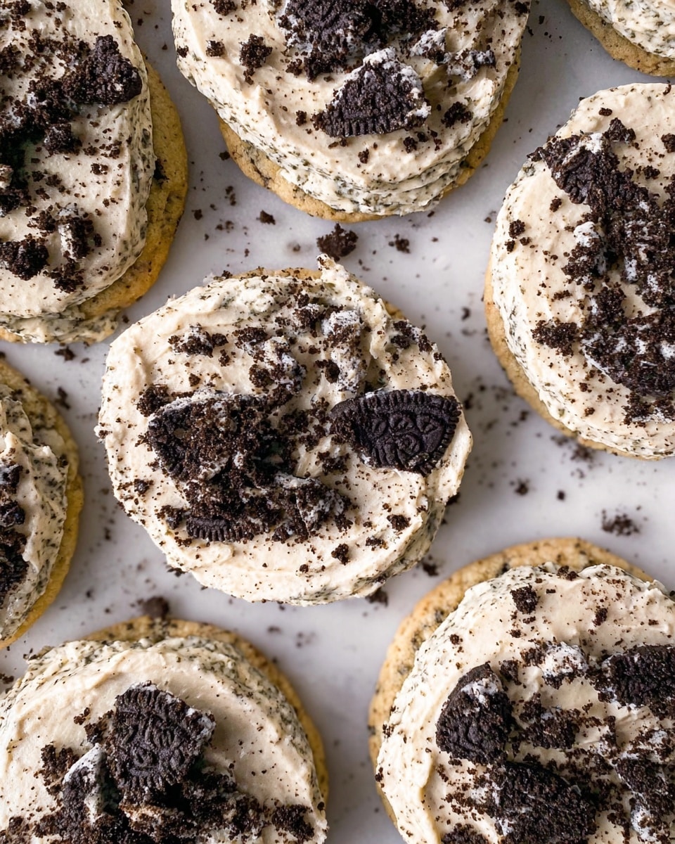 The image shows several round cookies placed closely together on a white marbled surface. Each cookie has two layers: a light golden-brown base with a slightly rough texture and a thick layer of light cream frosting speckled with small dark cookie crumbs on top. Scattered unevenly over the cream frosting are larger chunks of dark chocolate cookie pieces, giving a rough, crumbly texture contrast to the smoothness of the frosting. The overall look is soft and chunky with a mix of light and dark colors. Photo taken with an iphone --ar 4:5 --v 7