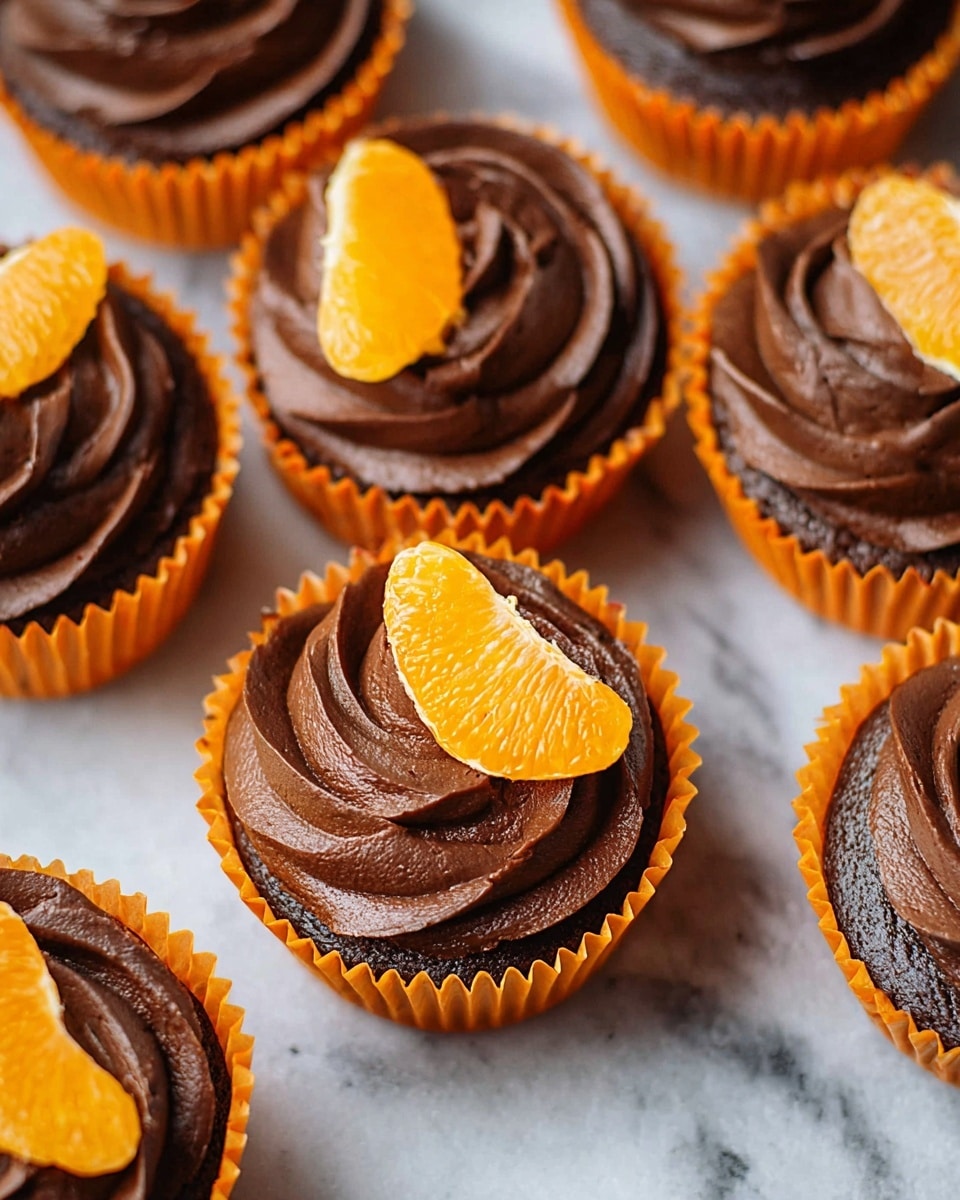The image shows several chocolate cupcakes each in a bright orange paper liner. Each cupcake has one thick swirl layer of smooth, dark chocolate frosting on top. On the center of the frosting, there is a small, bright orange tangerine segment adding a fresh pop of color. The cupcakes are arranged closely together on a surface with a white marbled texture. photo taken with an iphone --ar 4:5 --v 7