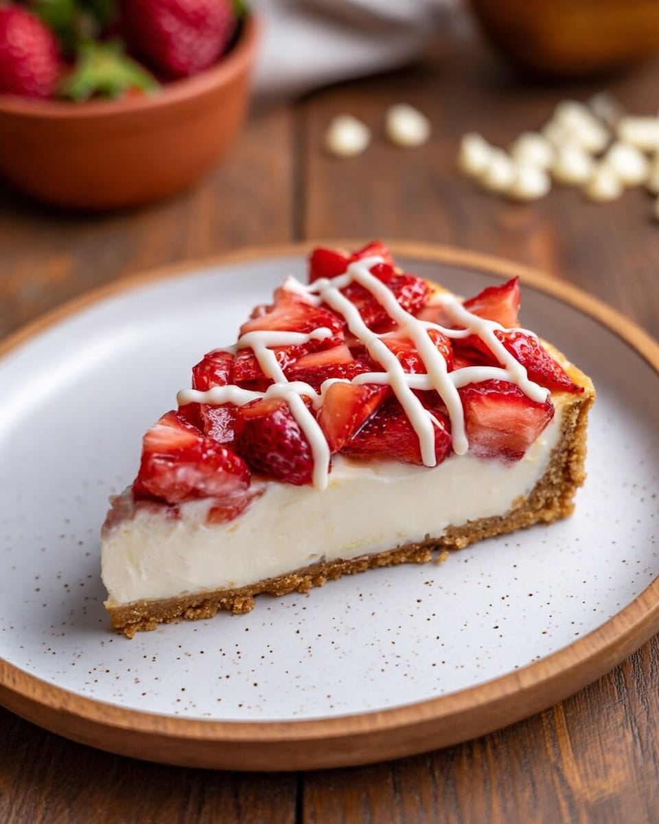 A single slice of cheesecake rests on a white plate with small speckles, placed on a wooden surface. The cheesecake has three clear layers: a golden brown crumbly crust at the bottom, a thick creamy white middle layer, and a topping of fresh red strawberry slices arranged closely on top. White sauce is drizzled in thin lines over the strawberries, creating a crosshatch pattern. The scene includes scattered small white chocolate chips around the plate and a terracotta bowl with strawberries blurred in the background. Photo taken with an iphone --ar 4:5 --v 7
