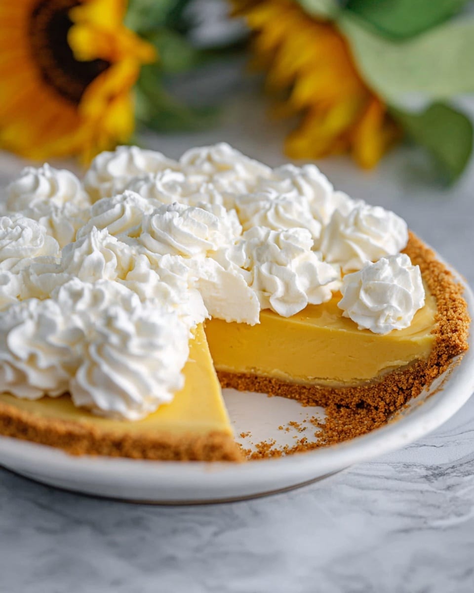 A pie with three visible layers is shown on a white plate sitting on a white marbled surface. The bottom layer is a crumbly golden brown crust that lines the edge and base of the pie. Above the crust is a thick, smooth yellow filling that looks glossy and firm. The top layer consists of many swirled white whipped cream dollops spread evenly, with one slice already removed from the pie revealing all layers clearly. In the blurred background, parts of a yellow sunflower and green leaves are visible. Photo taken with an iphone --ar 4:5 --v 7