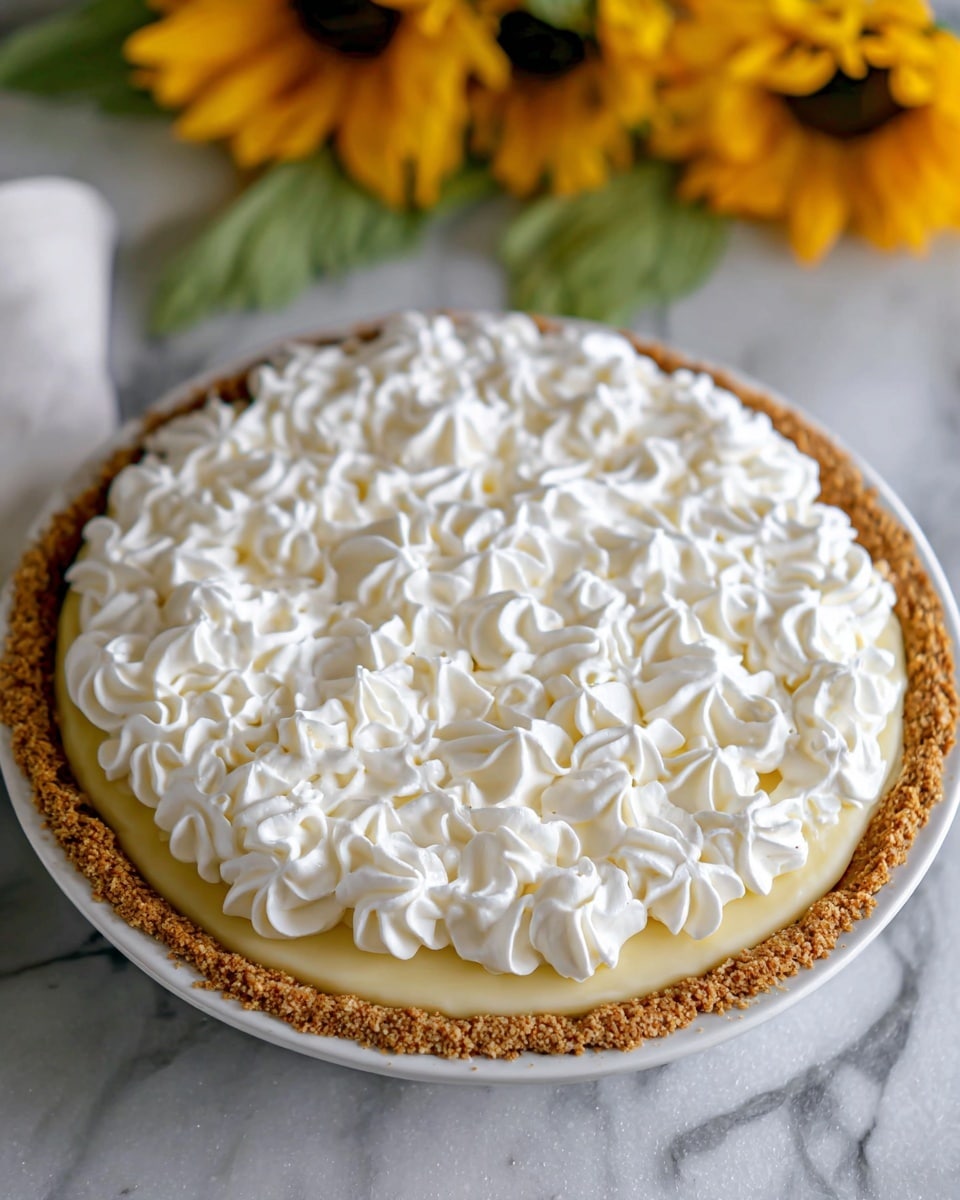 A round pie with three layers sits on a white marbled surface; the bottom layer is a crumbly golden-brown crust that forms a thick border around the edge, the middle layer is smooth and pale yellow filling, and the top layer is made of many white swirls of whipped cream covering the entire surface of the pie. In the background, there are bright yellow sunflowers with green leaves adding color to the scene. Photo taken with an iphone --ar 4:5 --v 7