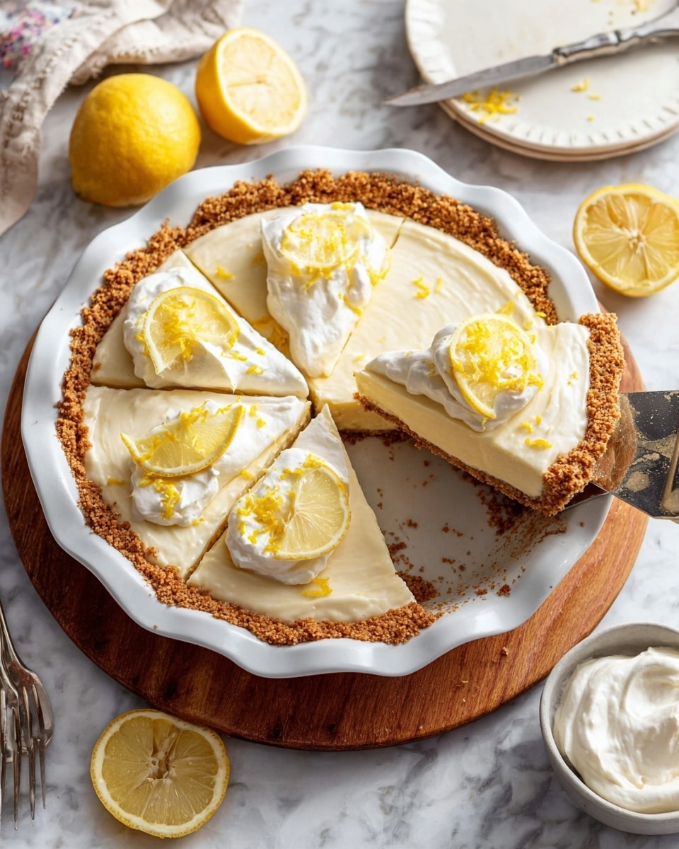 A lemon pie in a white scalloped edge pie dish on a wooden board with a white marbled textured surface underneath. The pie has three clear layers: a crumbly brown crust on the bottom and sides, a smooth pale yellow lemon filling in the middle, and a thick white whipped cream topping. The pie is cut into six slices, with three slices topped with small lemon wedge pieces and light yellow lemon zest on the whipped cream. A bronze pie server is partially under the pie, lifting one slice. Around the pie are lemon halves and quarters, a small bowl of whipped cream with a silver knife resting inside, and a white plate with a fork on the side. photo taken with an iphone --ar 4:5 --v 7