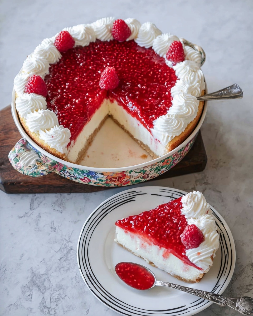 The image shows a raspberry cheesecake with two layers. The bottom layer is a light beige crust, the middle layer is creamy white cheesecake, and the top layer is bright red raspberry topping with visible seeds, covering the whole surface. Around the edge of the cake is a thick white whipped cream border with a swirled texture. There are five fresh raspberries arranged on top of the raspberry layer near the center. One slice is taken out and placed on a white plate with dark circular lines, with three fresh raspberries on top and one on the plate. A silver spoon with a small amount of red topping is on the plate beside the slice. The cake is in a round dish with two handles and a colorful floral pattern inside. The surface under the cake and plate is a white marbled texture. photo taken with an iphone --ar 4:5 --v 7