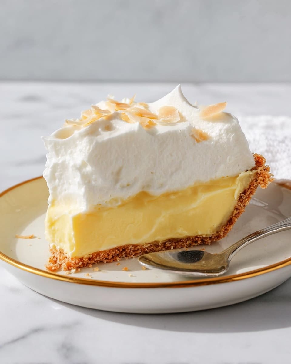A slice of pie on a white plate with a gold rim sits on a white marbled surface. The pie has three clear layers: a crumbly light brown crust at the bottom, a thick smooth pale yellow filling in the middle, and a fluffy white whipped cream topping with soft peaks. Thin light beige flakes are sprinkled on top of the whipped cream. A silver spoon rests on the right side of the plate. The scene is bright and simple, with a light grey-white background. Photo taken with an iphone --ar 4:5 --v 7