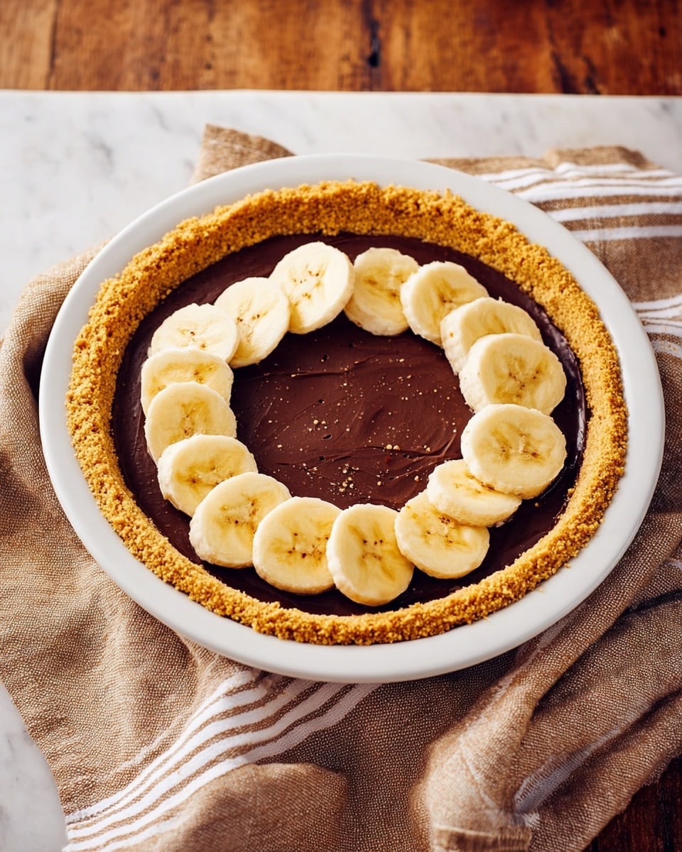 A white plate holds a three-layer dessert starting with a thick, golden crumb crust that lines the entire plate and looks crumbly and textured. Next, there is a smooth, dark chocolate layer spread evenly inside the crust, creating a shiny surface. On top, banana slices form a ring near the edge of the chocolate layer, with smaller banana slices arranged inside the ring, all showing their pale yellow color and soft texture. The plate rests on a light brown cloth with white stripes, placed on a white marbled surface. Photo taken with an iphone --ar 4:5 --v 7