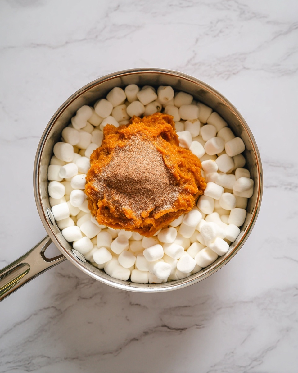 Inside a shiny metal saucepan, there is one layer of many small, white marshmallows filling the base. On top of this, in the center, sits a mound of bright orange pumpkin puree, sprinkled with a layer of brown cinnamon powder and a light dusting of white sugar. The pan handle extends toward the bottom of the frame, resting on a white marbled surface photo taken with an iphone --ar 4:5 --v 7