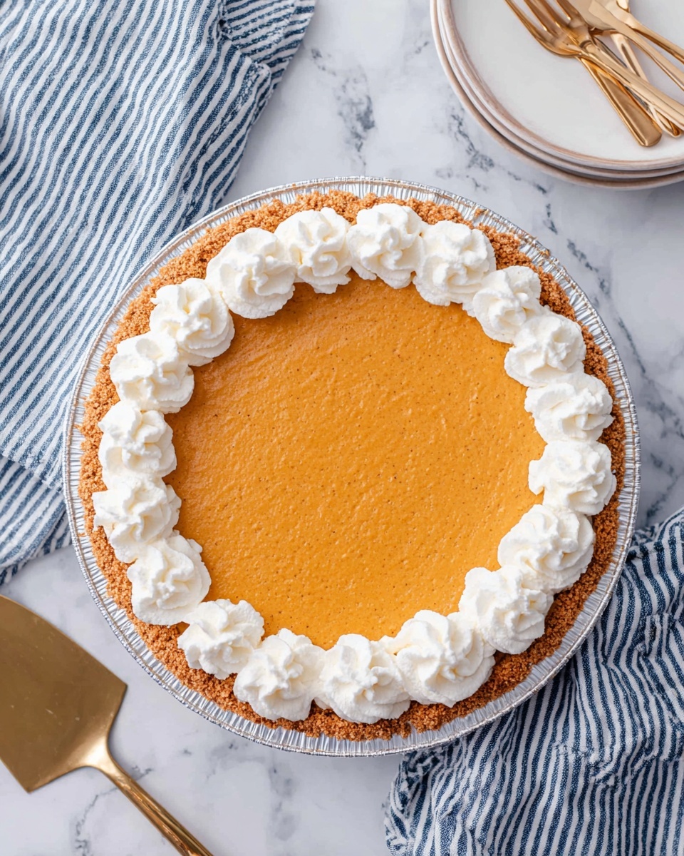 The image shows a pumpkin pie in a silver foil pie pan. The pie has three main layers: a light brown crumb crust around the edges, a smooth orange pumpkin filling in the middle, and white whipped cream dollops evenly spaced along the edge on top. The pie sits on a white marbled surface next to a gold pie server and fork, a stack of white plates, and a blue and white striped cloth. The photo is taken from above and looks bright and clean photo taken with an iphone --ar 4:5 --v 7