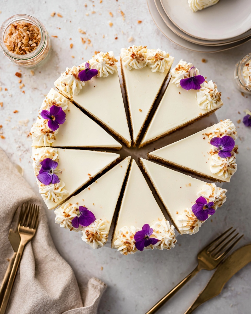 A round cake is cut into eight equal slices and placed on a white marbled surface. The cake has a smooth off-white top layer with thick white swirls of cream frosting on the outer edge around each slice. Small toasted brown bits are sprinkled lightly over the frosting. Each slice is topped with a small vibrant purple edible flower. To the side are several white plates stacked, with a small jar of toasted bits on top, and two gold forks with a beige cloth napkin below. Photo taken with an iphone --ar 4:5 --v 7