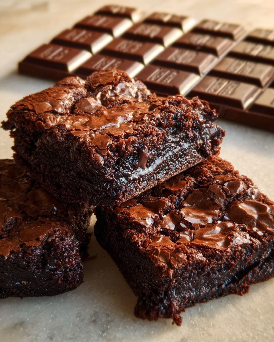 The image shows three close-up dark chocolate brownies stacked unevenly on a white marbled surface. Each brownie has a shiny, cracked top layer with a rich, fudgy texture visible inside. Behind the brownies is a bar of chocolate, segmented into small squares with a matte finish. The whole scene has warm light that highlights the deep brown color and textures of the brownies and chocolate bar. Photo taken with an iphone --ar 4:5 --v 7
