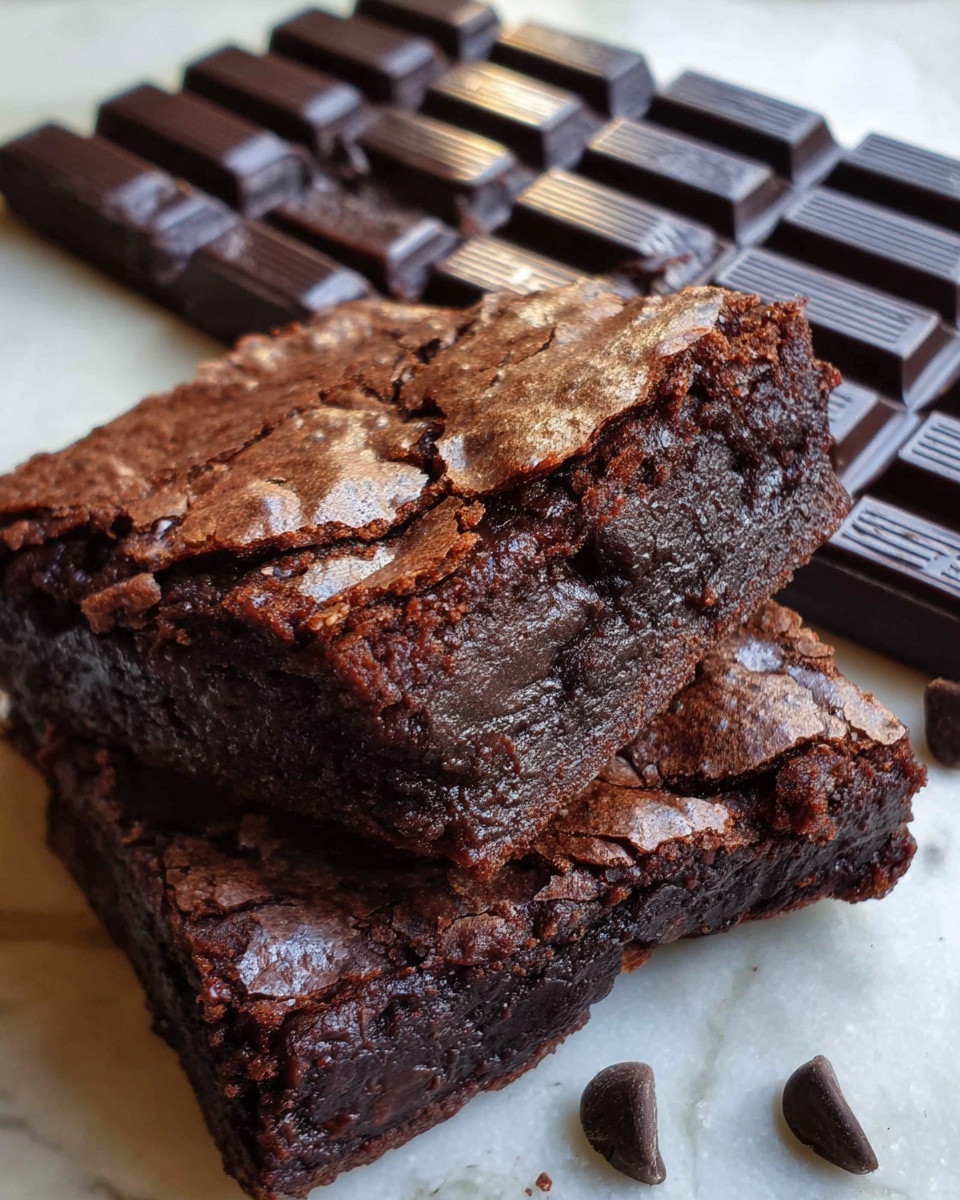 The image shows two dark brown brownies stacked on a white marbled surface, with a close-up view of their cracked, slightly shiny tops revealing a dense and rich texture inside; behind the brownies, there is a large bar of broken dark chocolate with rectangular pieces, some stacked and others lying flat, showing a textured surface with lines on each piece. photo taken with an iphone --ar 4:5 --v 7