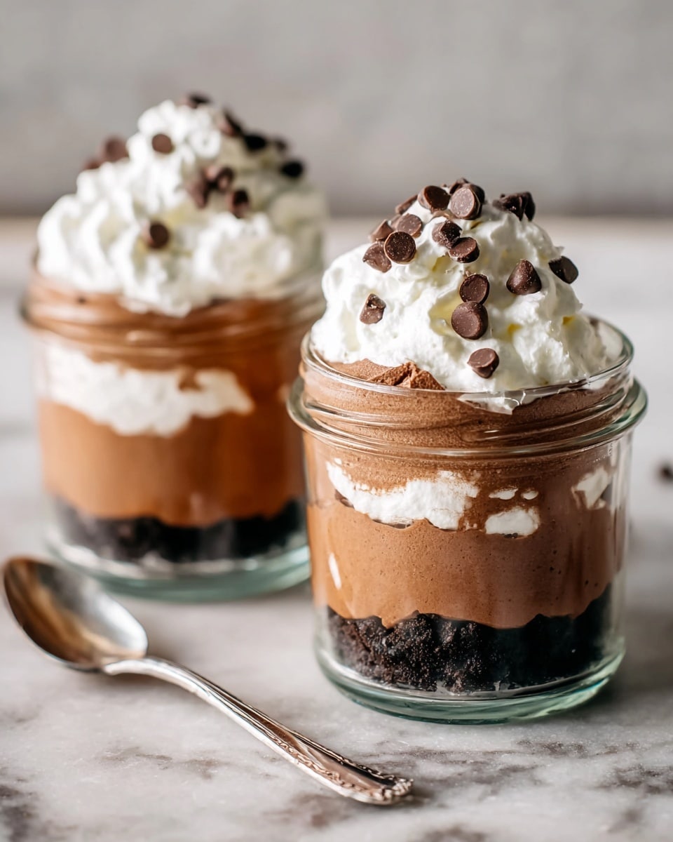 Two small clear glass jars sit side by side on a white marbled surface, each filled with three visible layers: the bottom layer is dark and crumbly like crushed cookies, the middle layer is thick and smooth with a light brown chocolate mousse texture, and the top layer is fluffy white whipped cream topped with scattered small dark chocolate chips. A silver spoon lies in front of the jars on the surface. The jars are the main focus of the image, with soft natural light highlighting the creamy textures. photo taken with an iphone --ar 4:5 --v 7