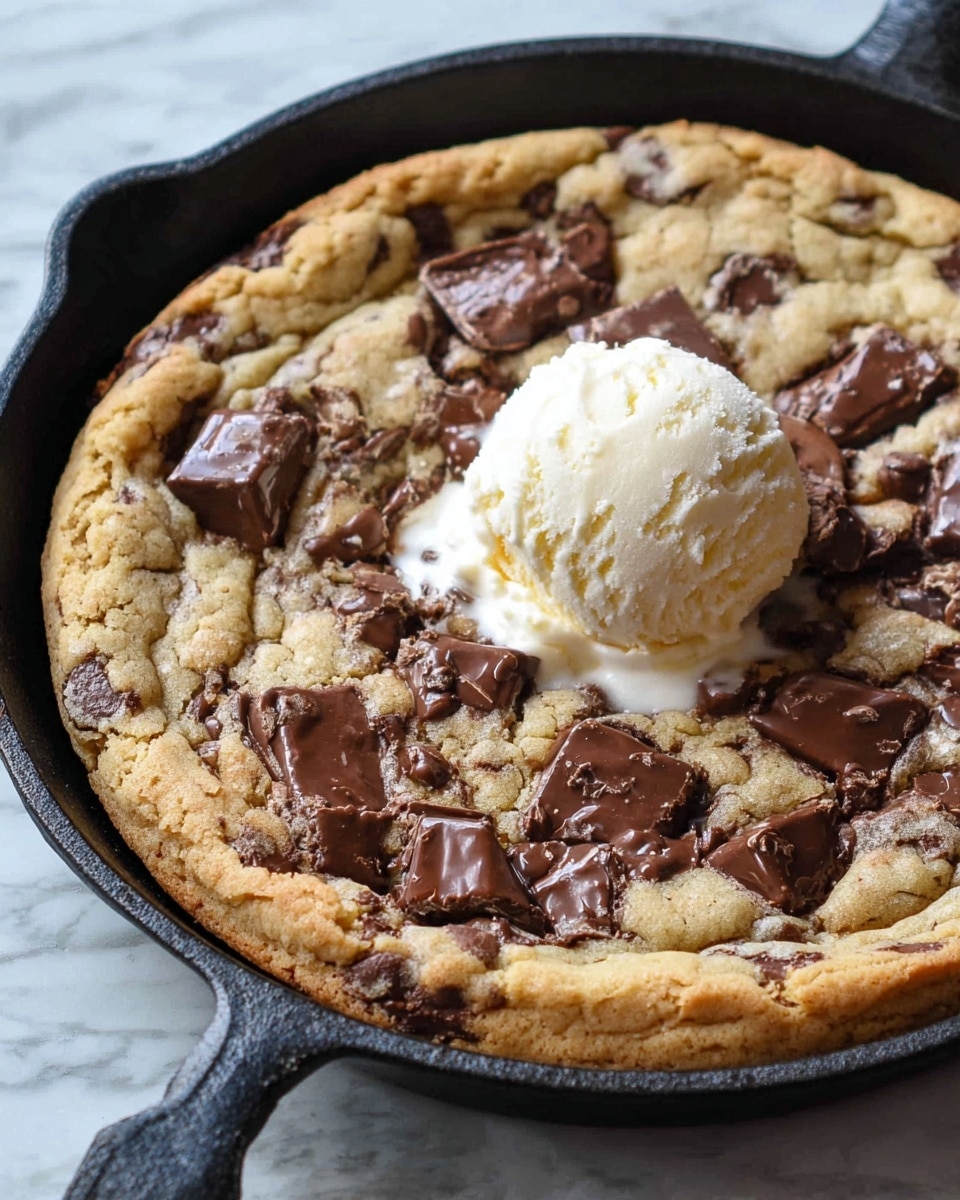 A thick round cookie baked in a black skillet, with a golden brown edge that is slightly puffy and textured, and the middle filled with melted dark and milk chocolate chunks spread unevenly across the warm cookie surface, topped with a single scoop of off-white creamy vanilla ice cream that shows soft melting parts. The skillet rests on a white marbled surface. photo taken with an iphone --ar 4:5 --v 7