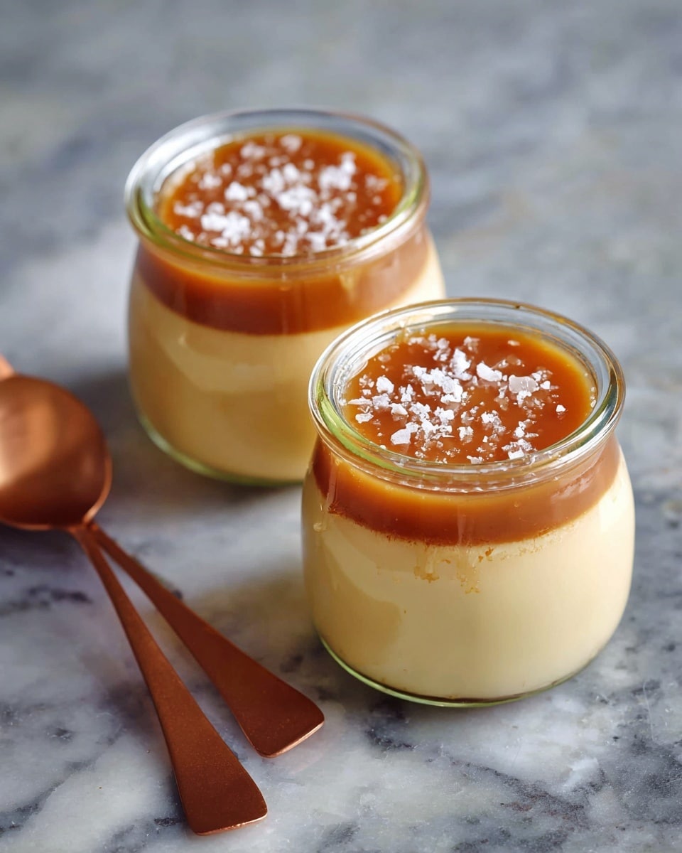 Two small glass jars are filled with a two-layer dessert placed on a white marbled surface. The bottom layer is creamy and pale yellow with a smooth texture, while the top layer is a glossy caramel color sprinkled lightly with coarse white flakes. A large copper-colored spoon lies nearby, adding a warm contrast to the cool colors of the dessert and background. Photo taken with an iphone --ar 4:5 --v 7