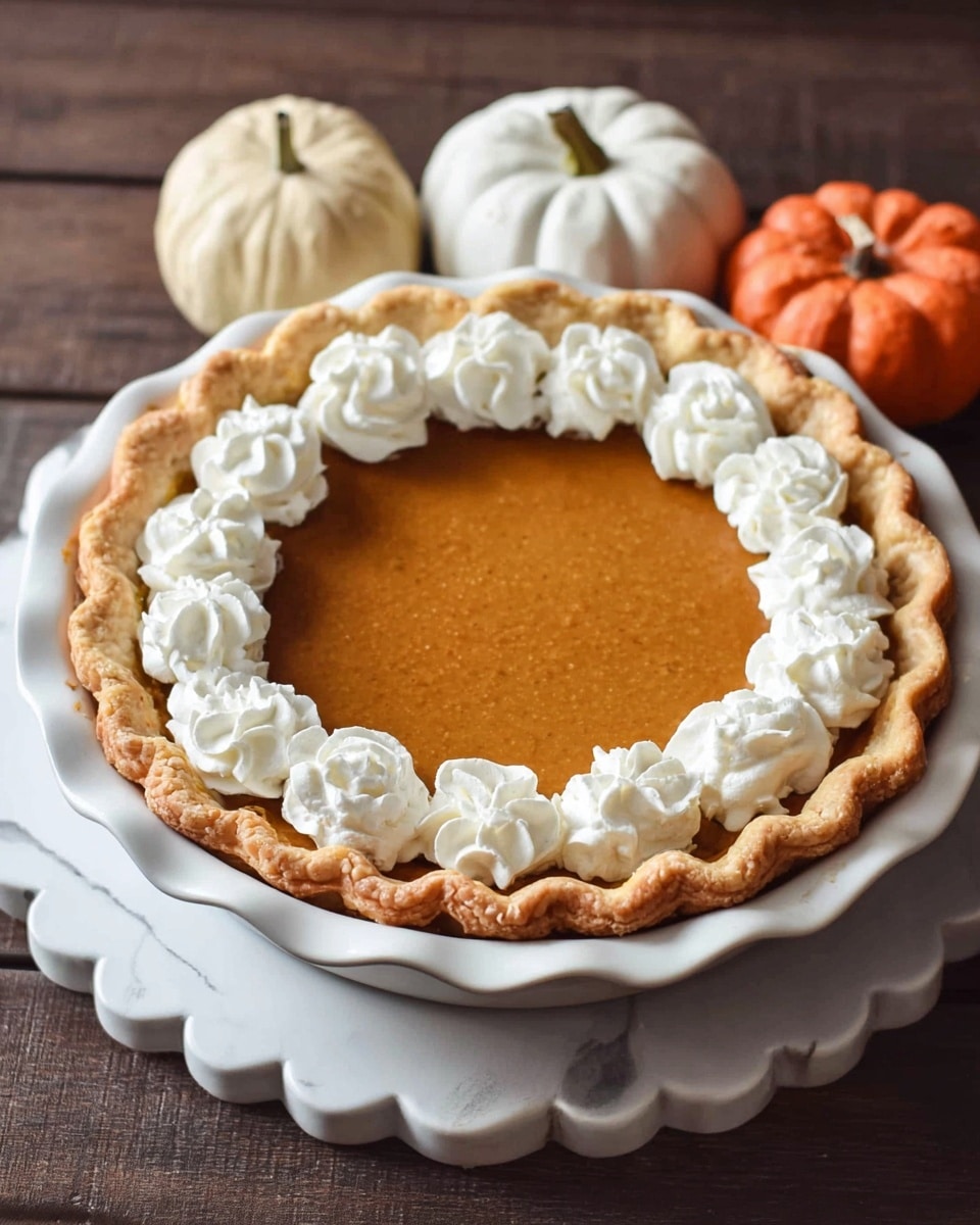 A pumpkin pie with one layer of golden brown pumpkin filling sits inside a white pie dish with a wavy edge crust that is light golden and slightly crispy. Around the edge of the filling, there is a ring of white whipped cream dollops evenly spaced, each with a soft, fluffy texture. The pie is placed on a dark wooden surface with white marbled texture, with a white decorative plate partly visible on the side and two pumpkin decorations, one white and one orange, behind it. photo taken with an iphone --ar 4:5 --v 7