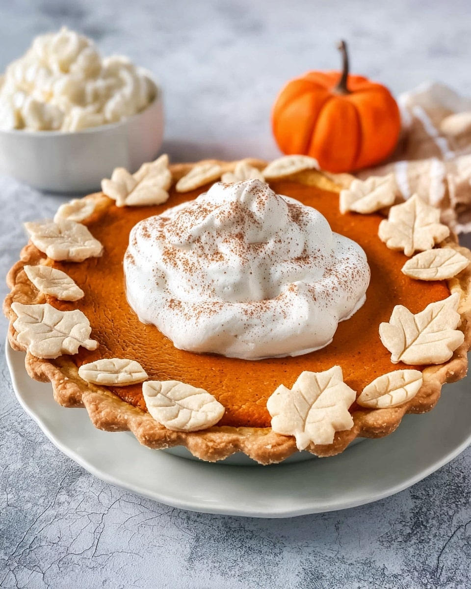 A round pumpkin pie with a thick golden brown crust sits on a white plate over a white marbled texture. The pie filling has a smooth, deep orange surface, topped with a large dollop of white whipped cream sprinkled with brown spice. Around the whipped cream and along the edges of the pie are light beige leaf-shaped pastry decorations with visible veins, giving a natural fall look. In the background, there is a small white bowl of whipped cream on the left and a small orange pumpkin behind the pie, adding seasonal touches. Photo taken with an iphone --ar 4:5 --v 7
