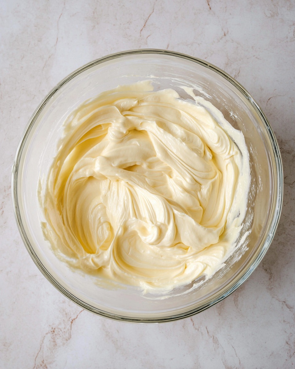 A clear glass bowl sits on a white marbled surface, filled with a thick, creamy pale yellow mixture. The smooth texture shows soft swirls and folds, indicating it has been recently stirred or whipped. The mixture has a glossy, velvety finish with gentle peaks and rounded edges inside the bowl. The light reflects off the surface softly, highlighting its rich, fluffy consistency. photo taken with an iphone --ar 4:5 --v 7