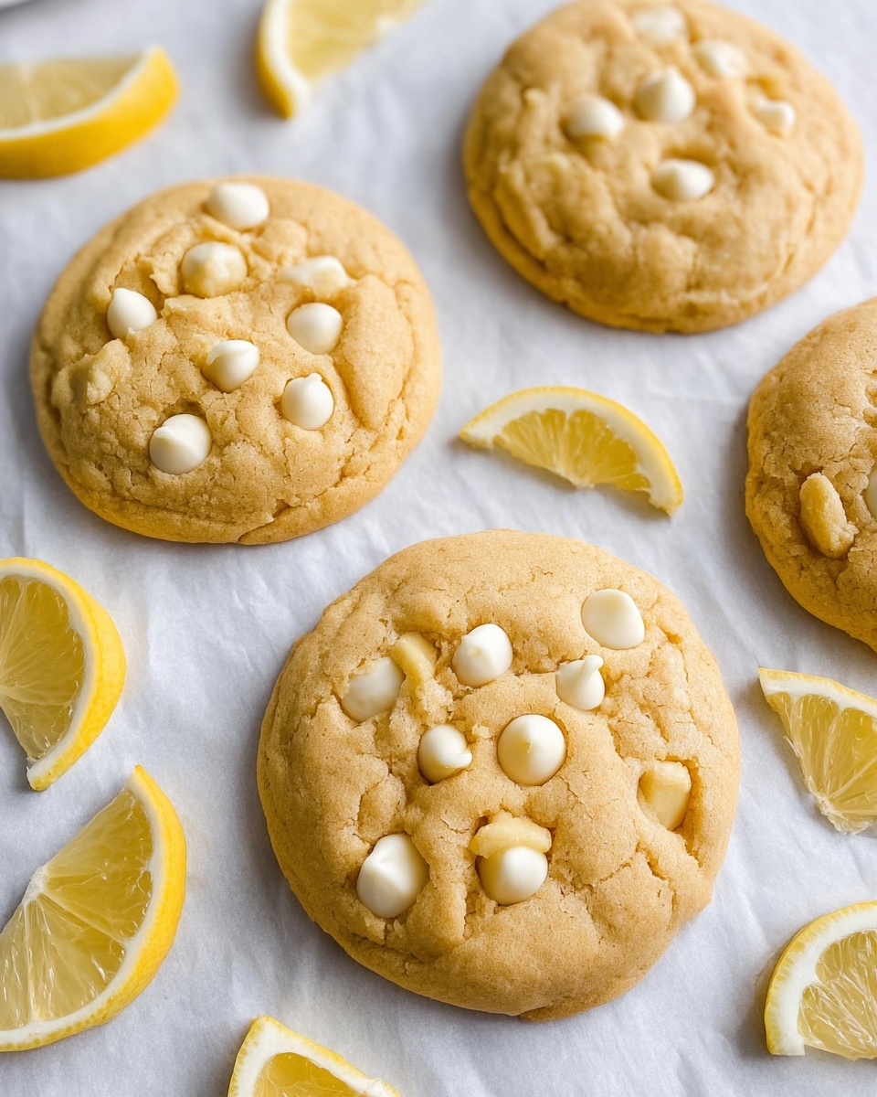 The image shows four round cookies with a light golden brown color resting on white baking paper, each topped with white chocolate chips scattered across the surface. The cookies have a soft and slightly cracked texture, making them look fresh and warm. Around the cookies, there are six lemon wedges with bright yellow flesh and white rinds placed randomly on the white marbled texture surface beneath the baking paper. The overall scene is well-lit, highlighting the details of the cookies and lemons with a cozy feel. photo taken with an iphone --ar 4:5 --v 7