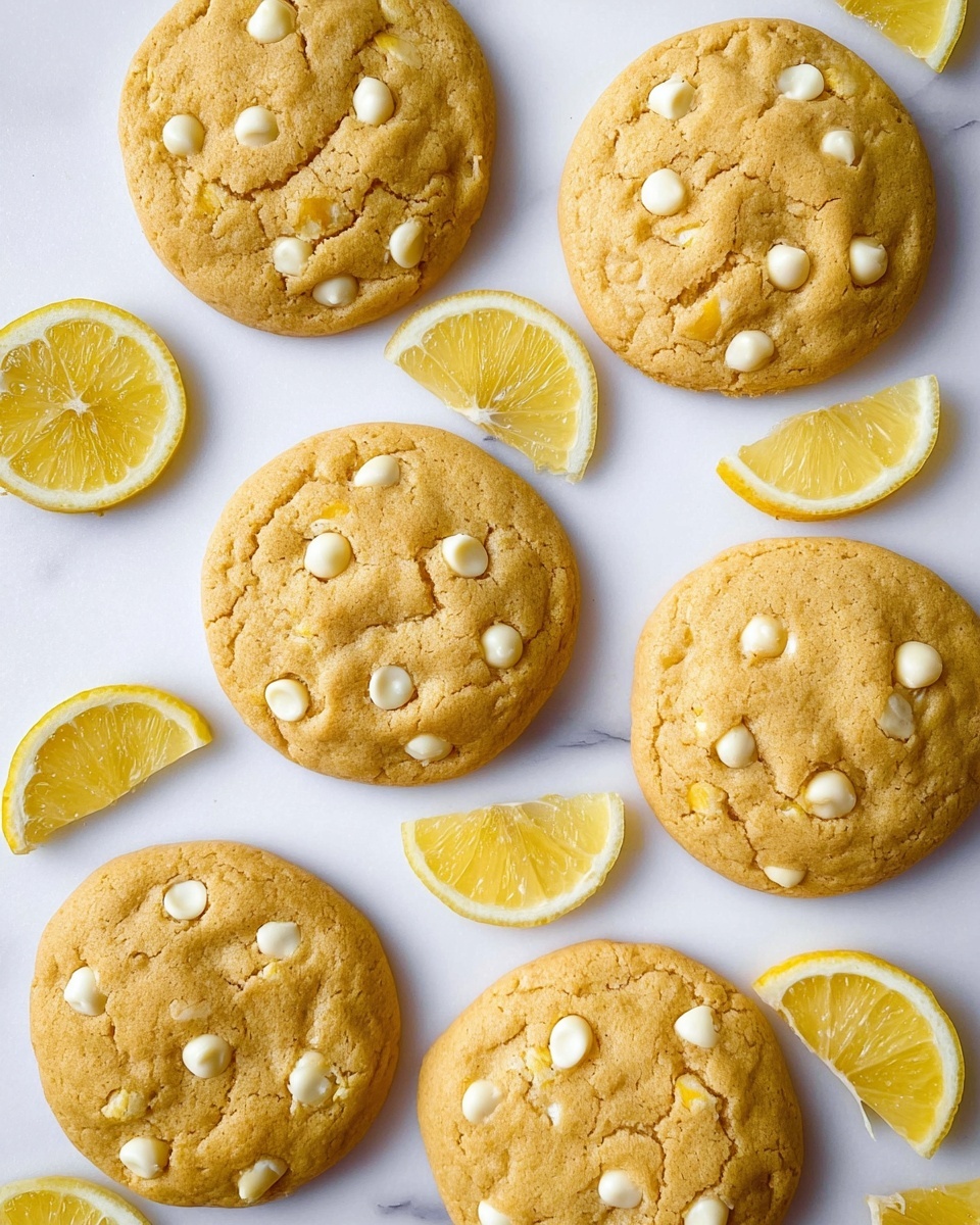 Six round, golden brown cookies studded with white chocolate chips are placed on a white marbled surface. Each cookie is slightly cracked with a soft texture visible on top. Between the cookies, there are bright yellow lemon slices arranged evenly, adding a pop of color and freshness to the scene. The cookies and lemon slices are spaced out in a grid-like pattern, creating a balanced and neat presentation. Photo taken with an iphone --ar 4:5 --v 7
