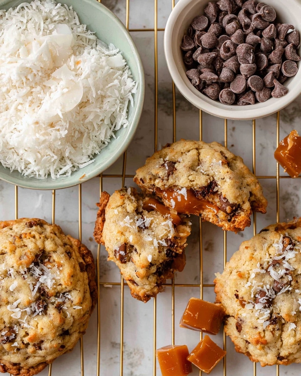 The image shows three thick cookies on a golden cooling rack over a white marbled surface. The cookies have a rough texture with visible chocolate chips and chunks of caramel inside, showing gooey caramel oozing out. One cookie is broken in half, revealing the caramel layer inside. To the left of the cookies, there is a white bowl filled with shredded coconut, and to the right, a white bowl holds dark chocolate chips. Next to the chocolate chips, there are some pieces of caramel candy. The overall colors are warm beige and brown on the cookies with white and dark brown elements around. Photo taken with an iphone --ar 4:5 --v 7